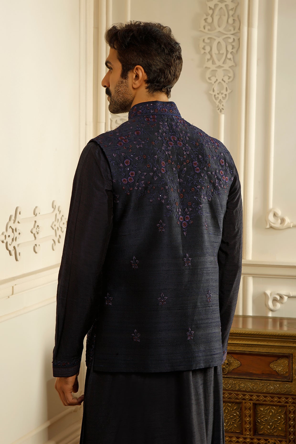 Blue Raw Silk Aari Embroidered Bundi Jacket Set