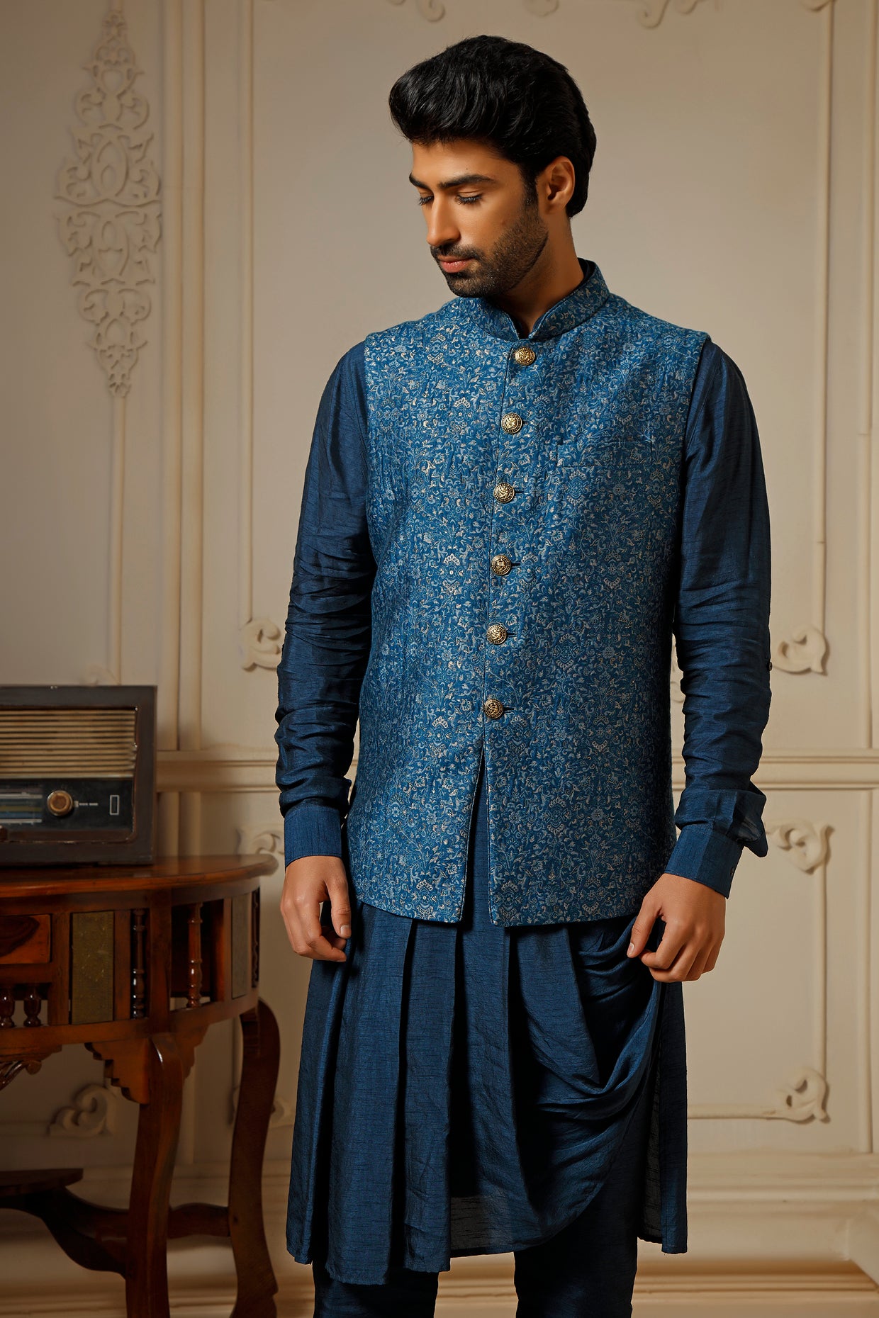 Teal Pashmina Blend Bundi Jacket Set