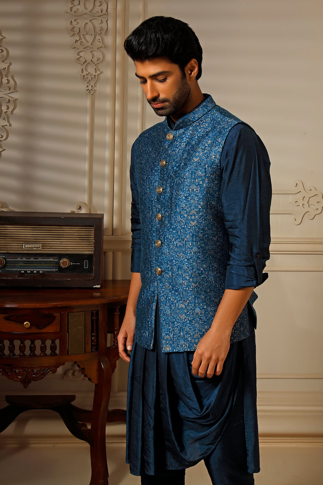 Teal Pashmina Blend Bundi Jacket Set