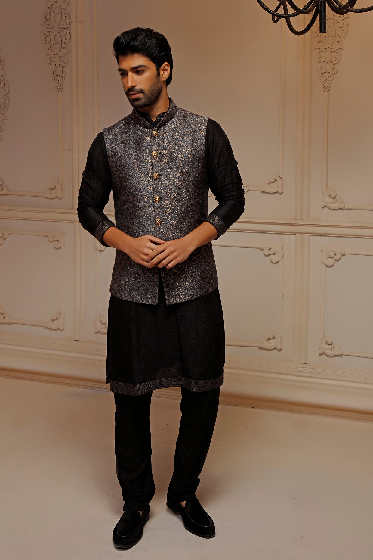 Grey Pashmina Blend Bundi Jacket Set