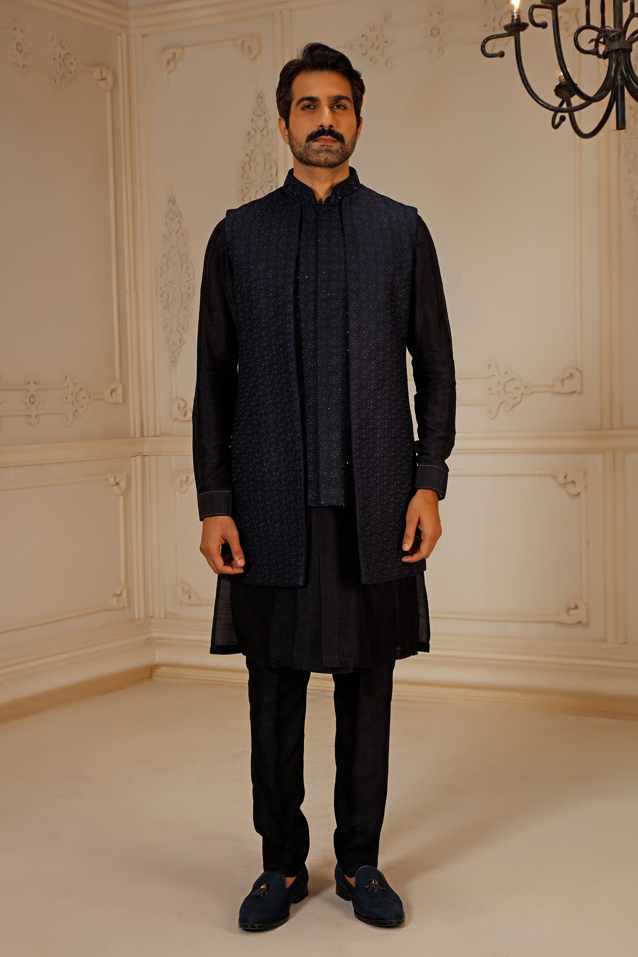 Blue Dupion Silk Hand Embroidered Indowestern Set