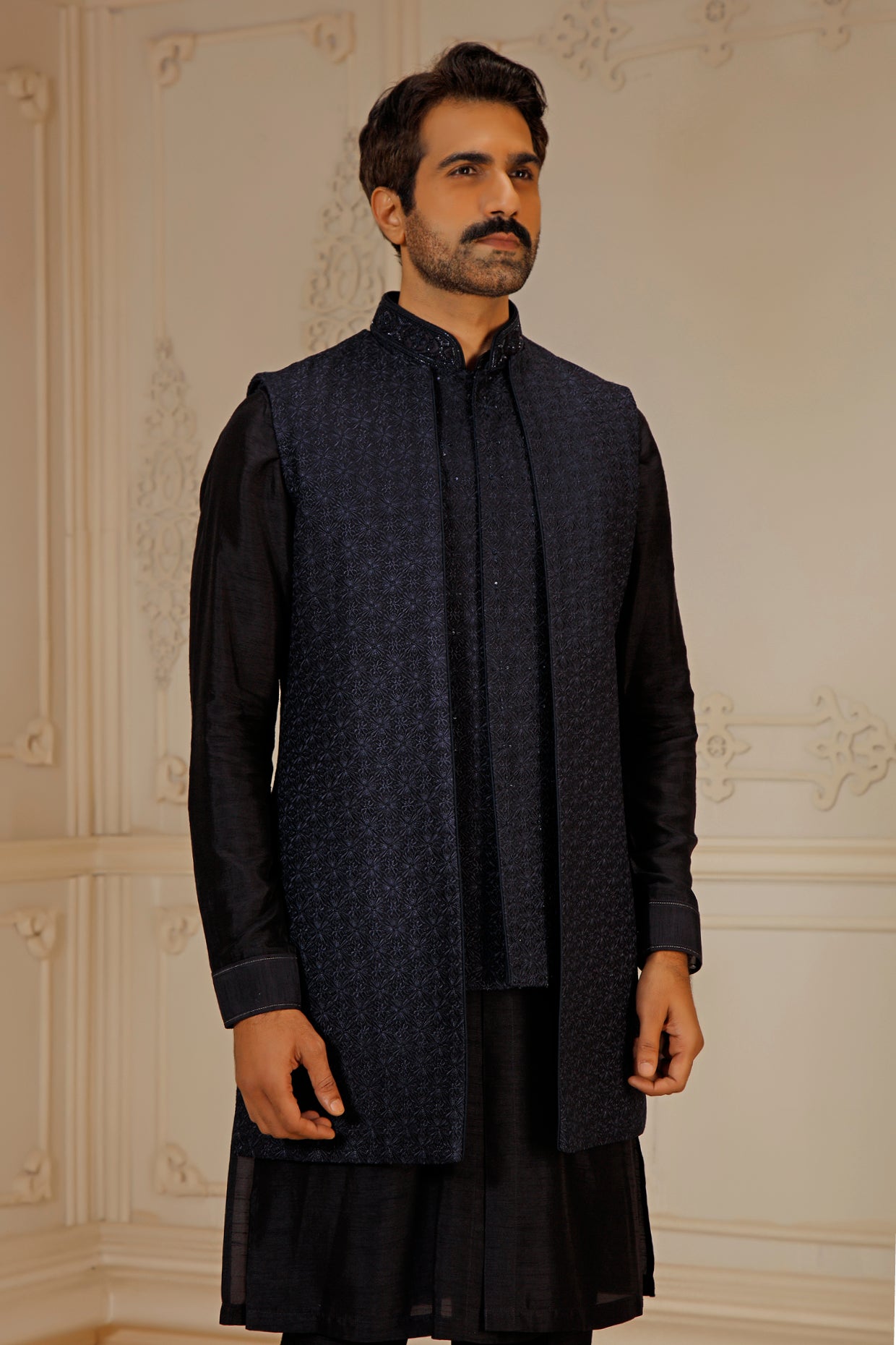 Blue Dupion Silk Hand Embroidered Indowestern Set
