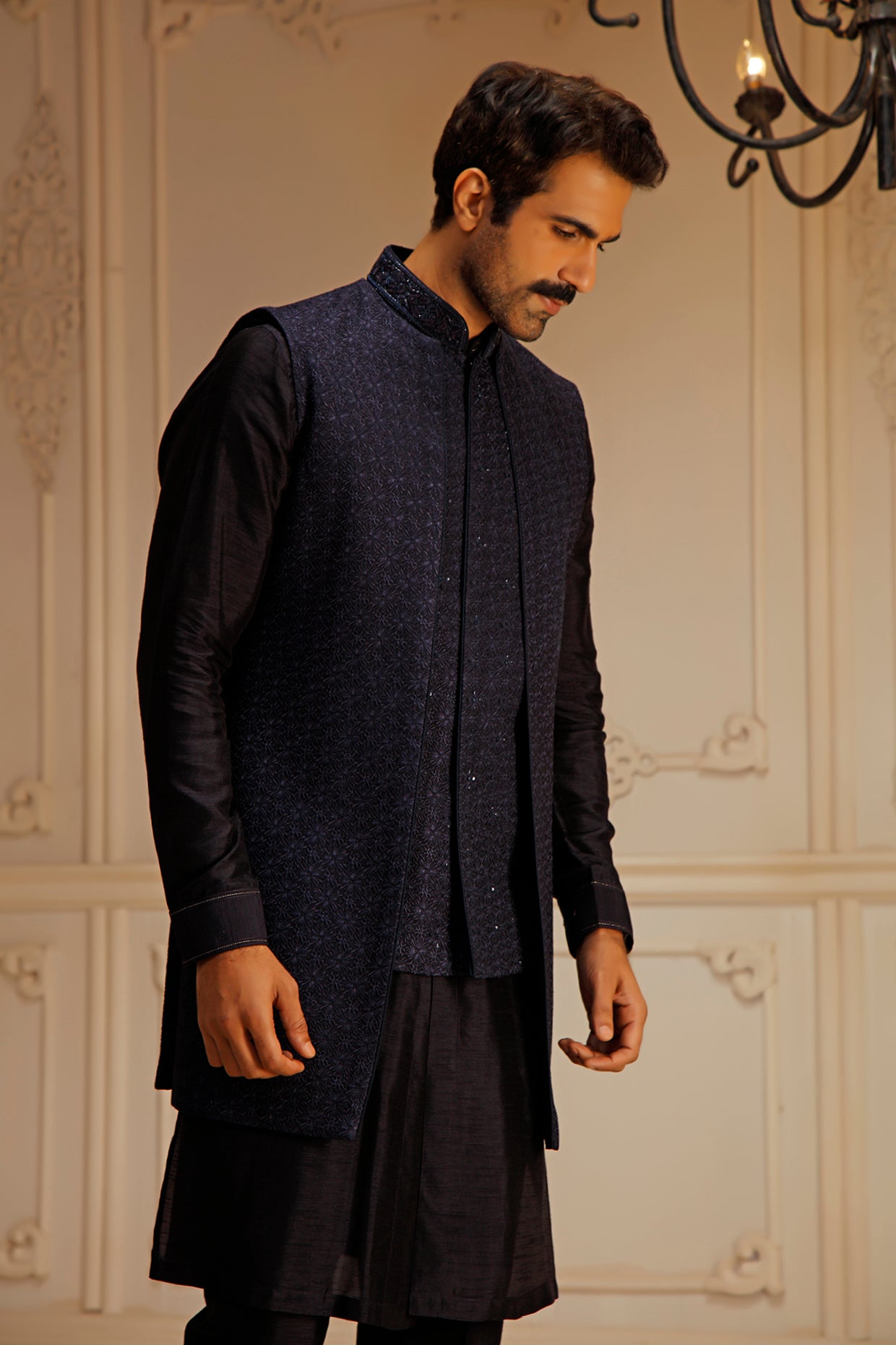 Blue Dupion Silk Hand Embroidered Indowestern Set