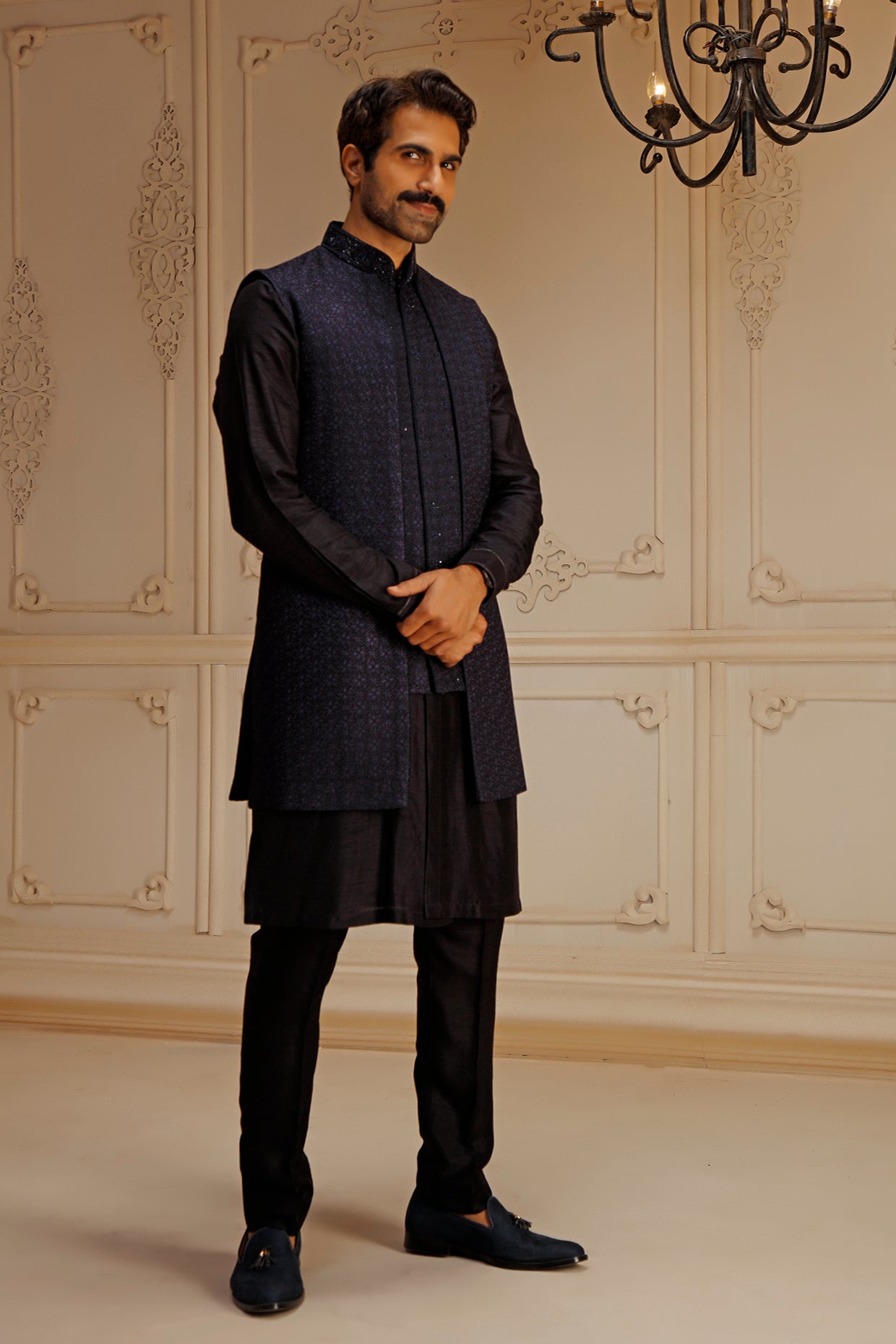 Blue Dupion Silk Hand Embroidered Indowestern Set