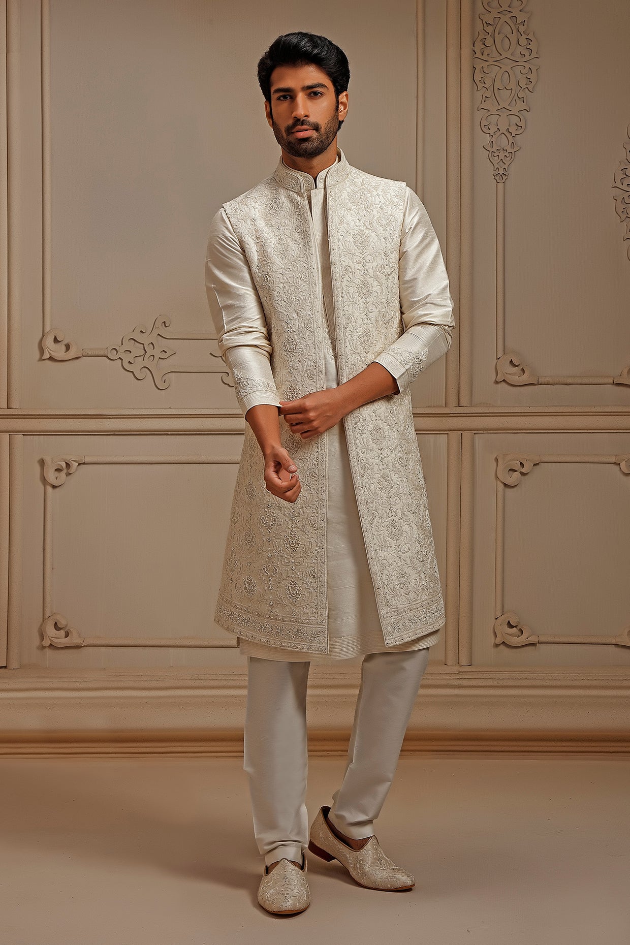 Pearl Raw Silk Resham Embroidered Indowestern Set