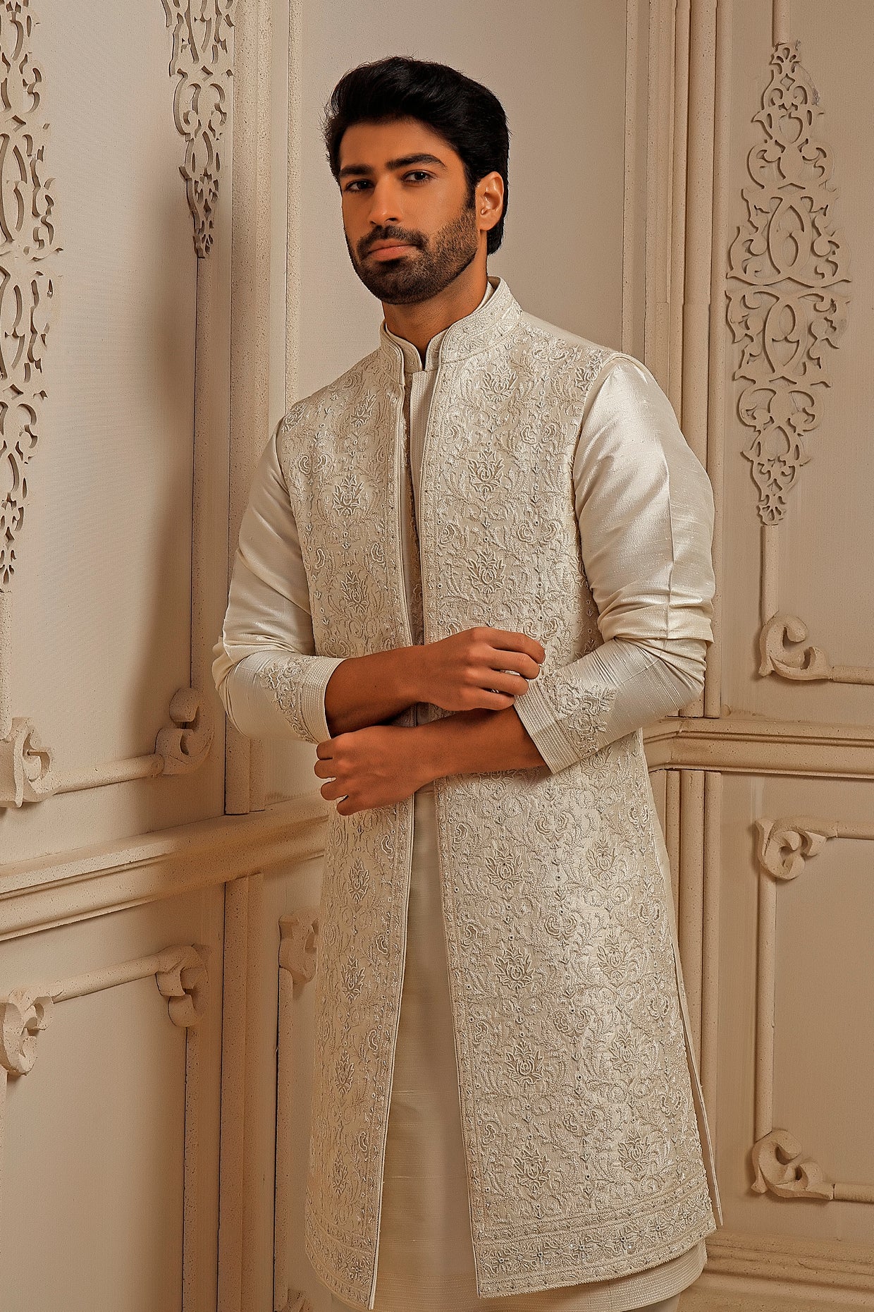 Pearl Raw Silk Resham Embroidered Indowestern Set
