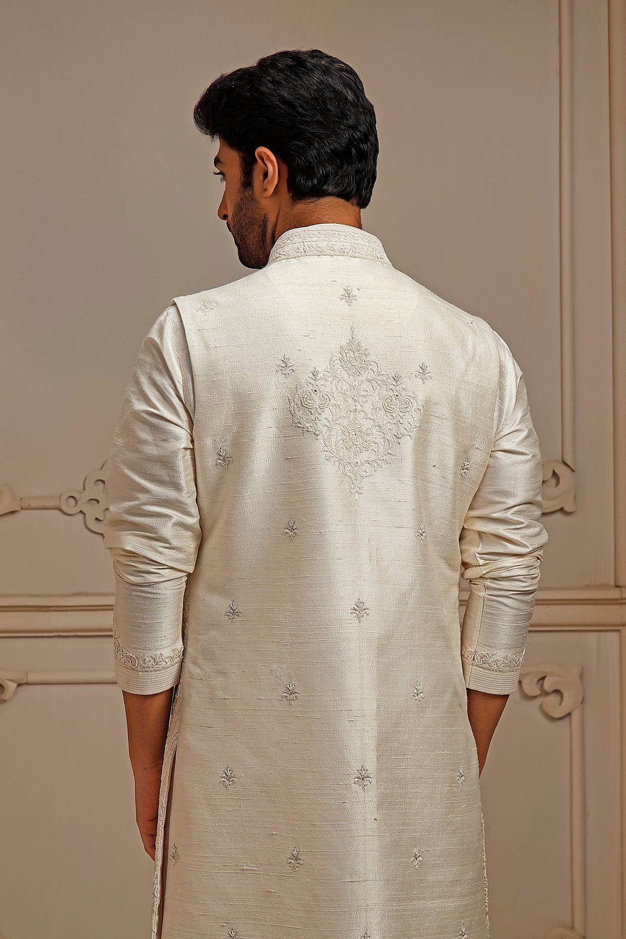 Pearl Raw Silk Resham Embroidered Indowestern Set