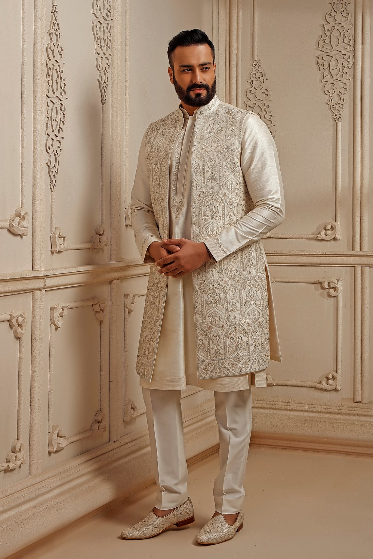 Pearl Raw Silk Resham Embroidered Indowestern Set