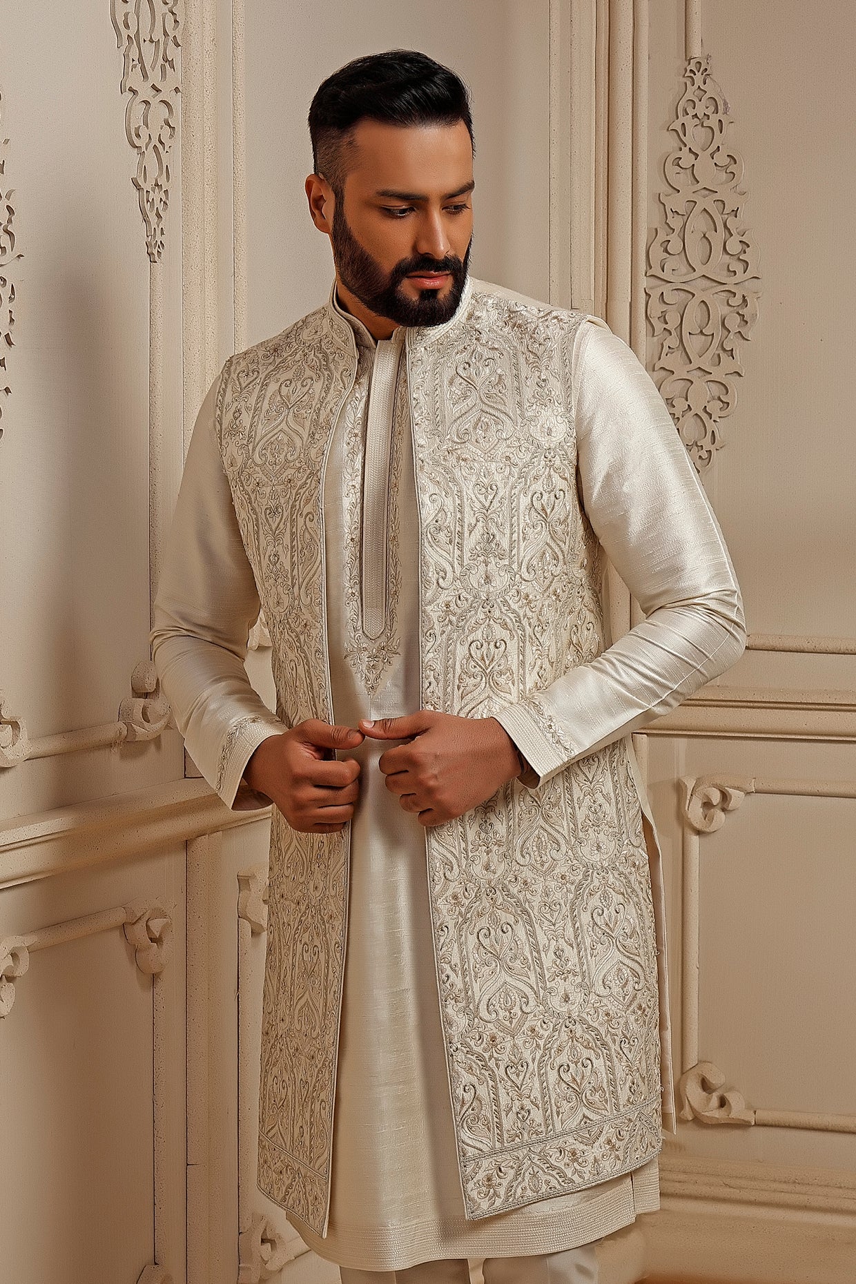 Pearl Raw Silk Resham Embroidered Indowestern Set