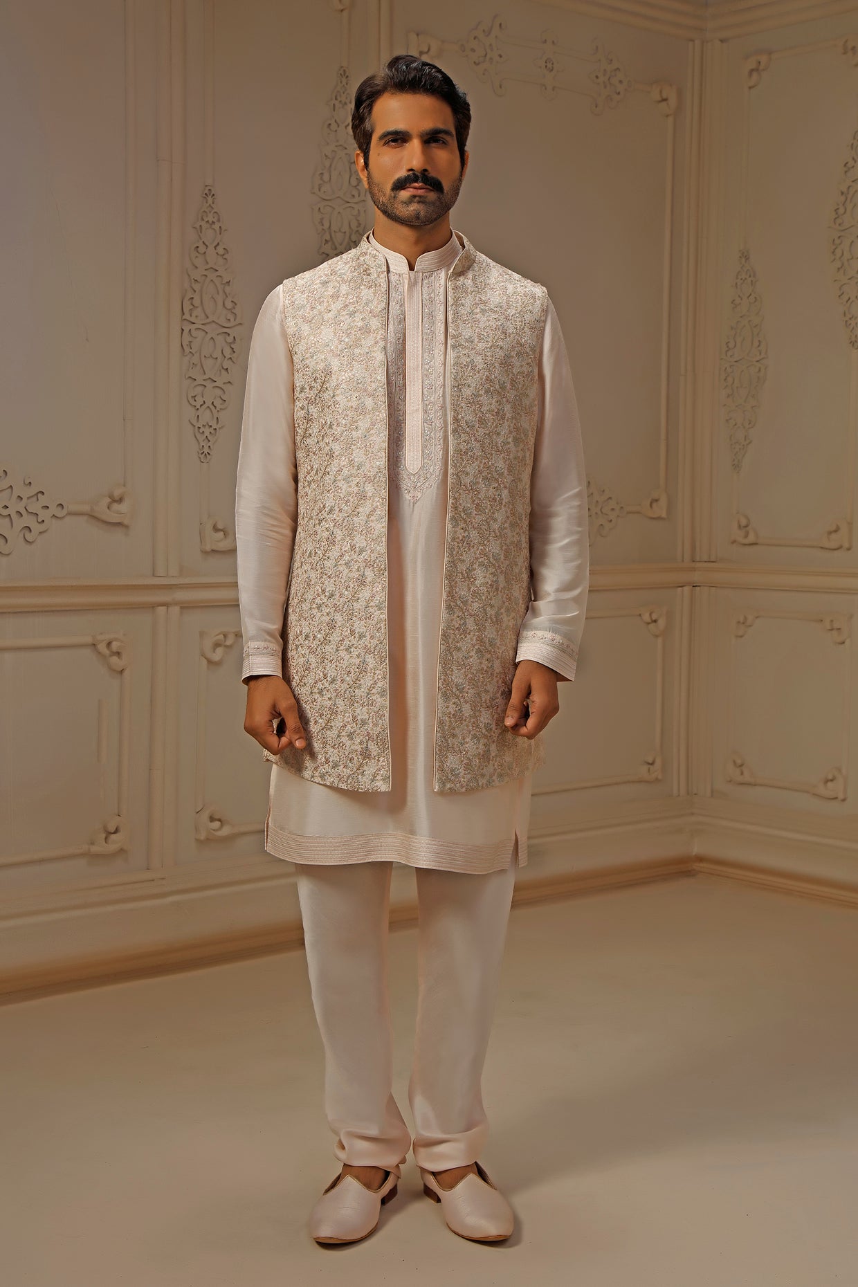 Blush Tussar Silk Floral Embroidered Indowestern Set