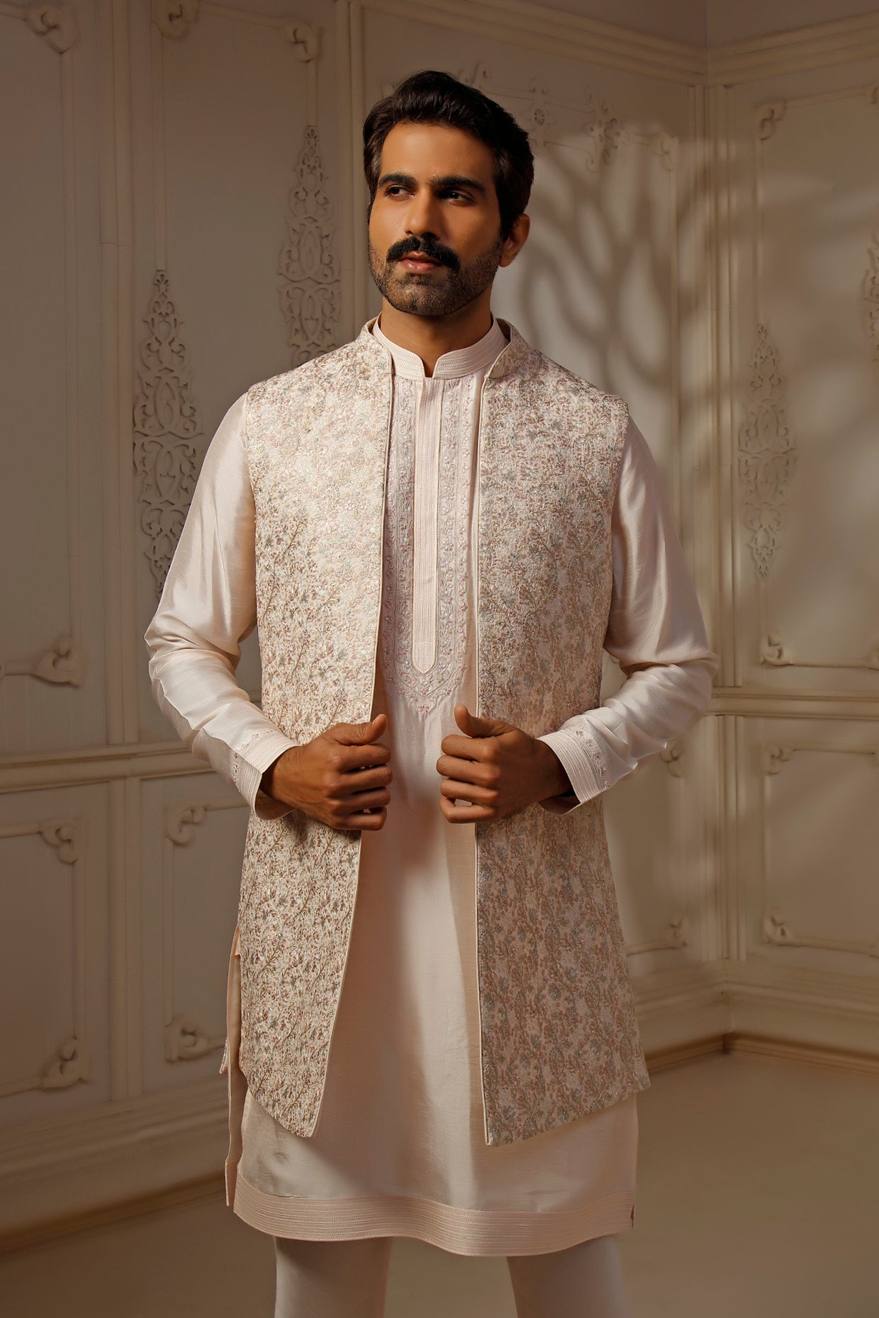 Blush Tussar Silk Floral Embroidered Indowestern Set
