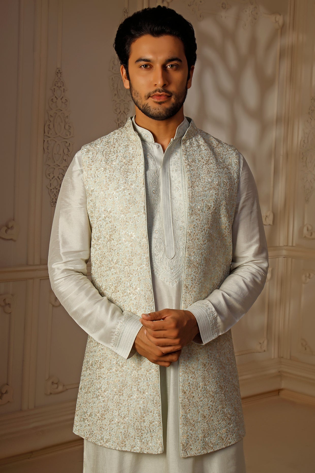 Mint Tussar Silk Floral Embroidered Indowestern Set