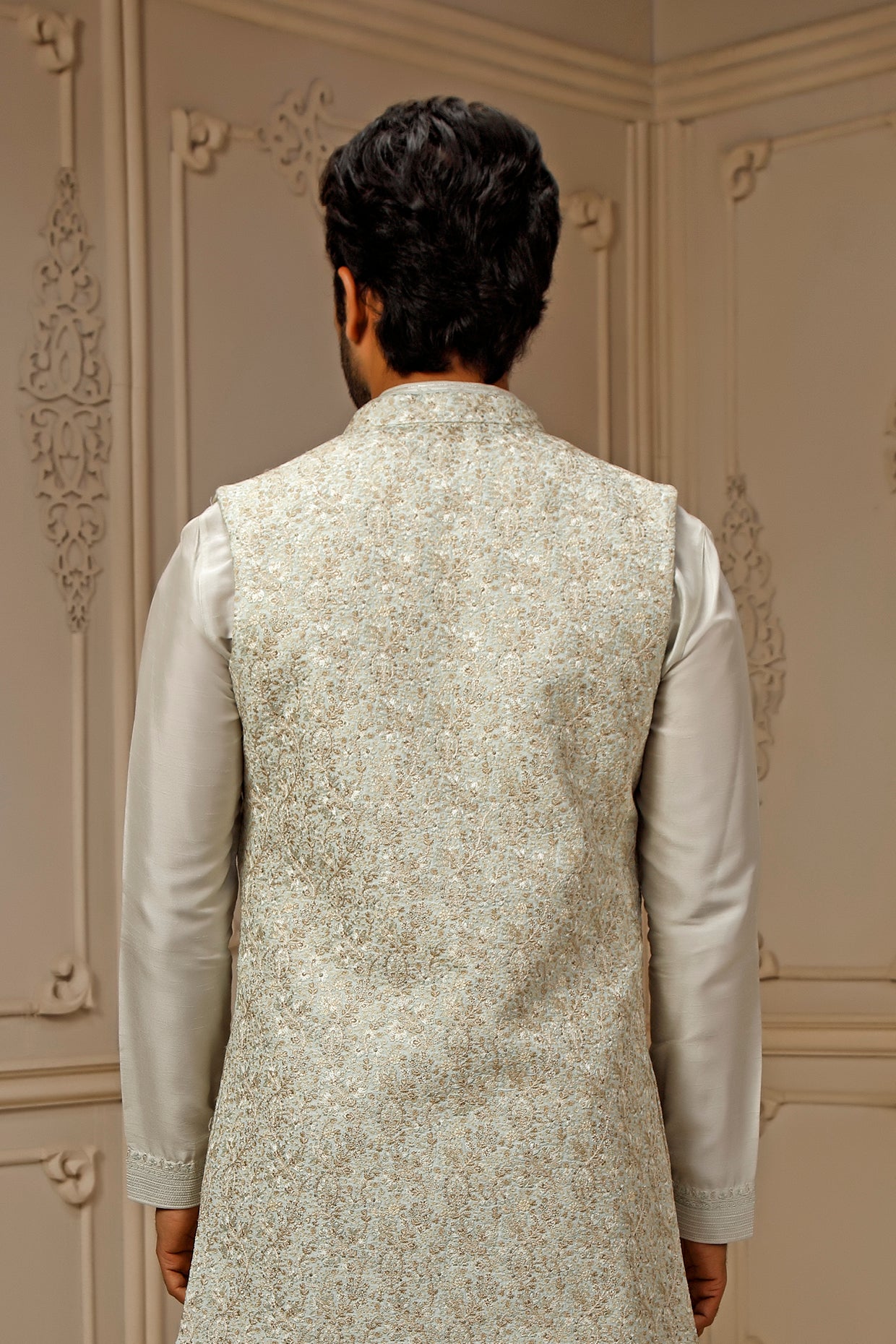 Mint Tussar Silk Floral Embroidered Indowestern Set