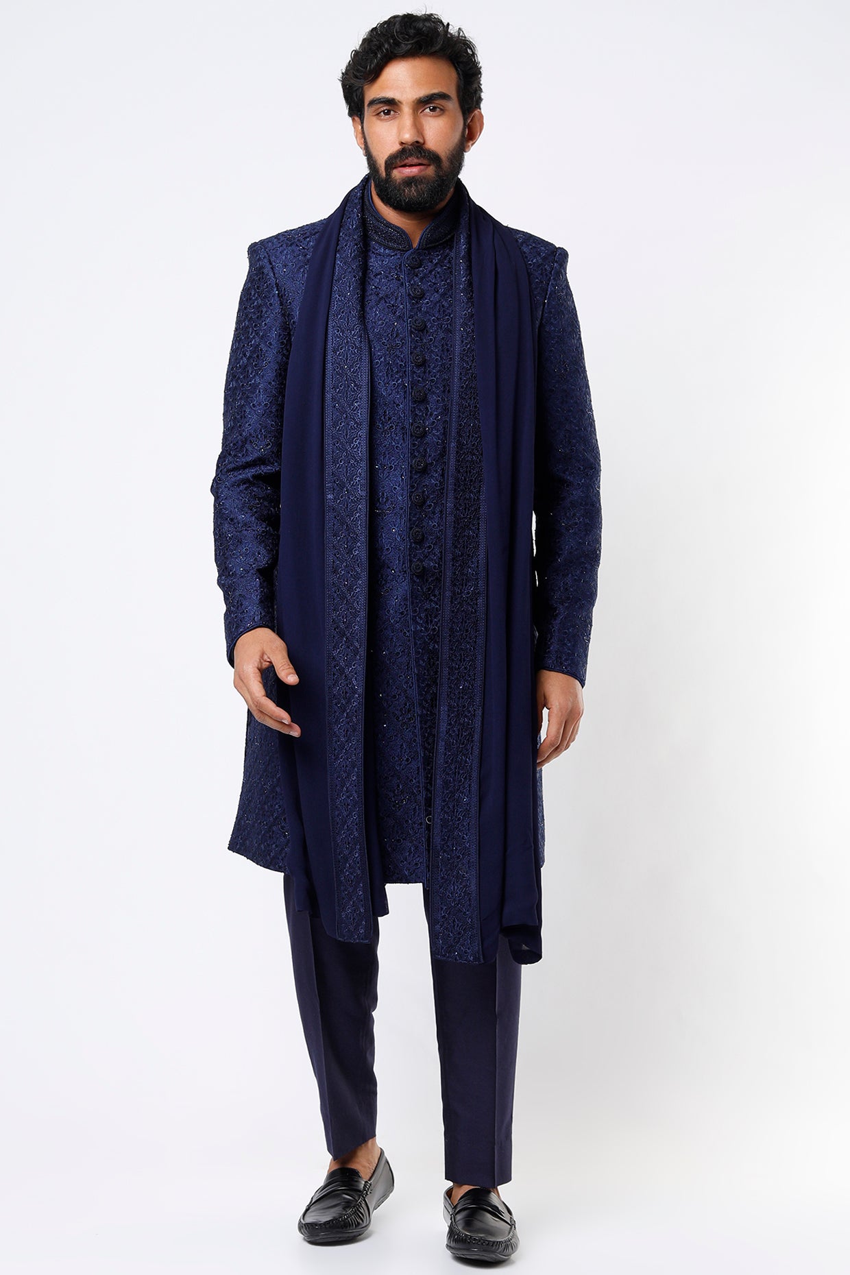 Navy Blue Hand Embroidered Sherwani Set