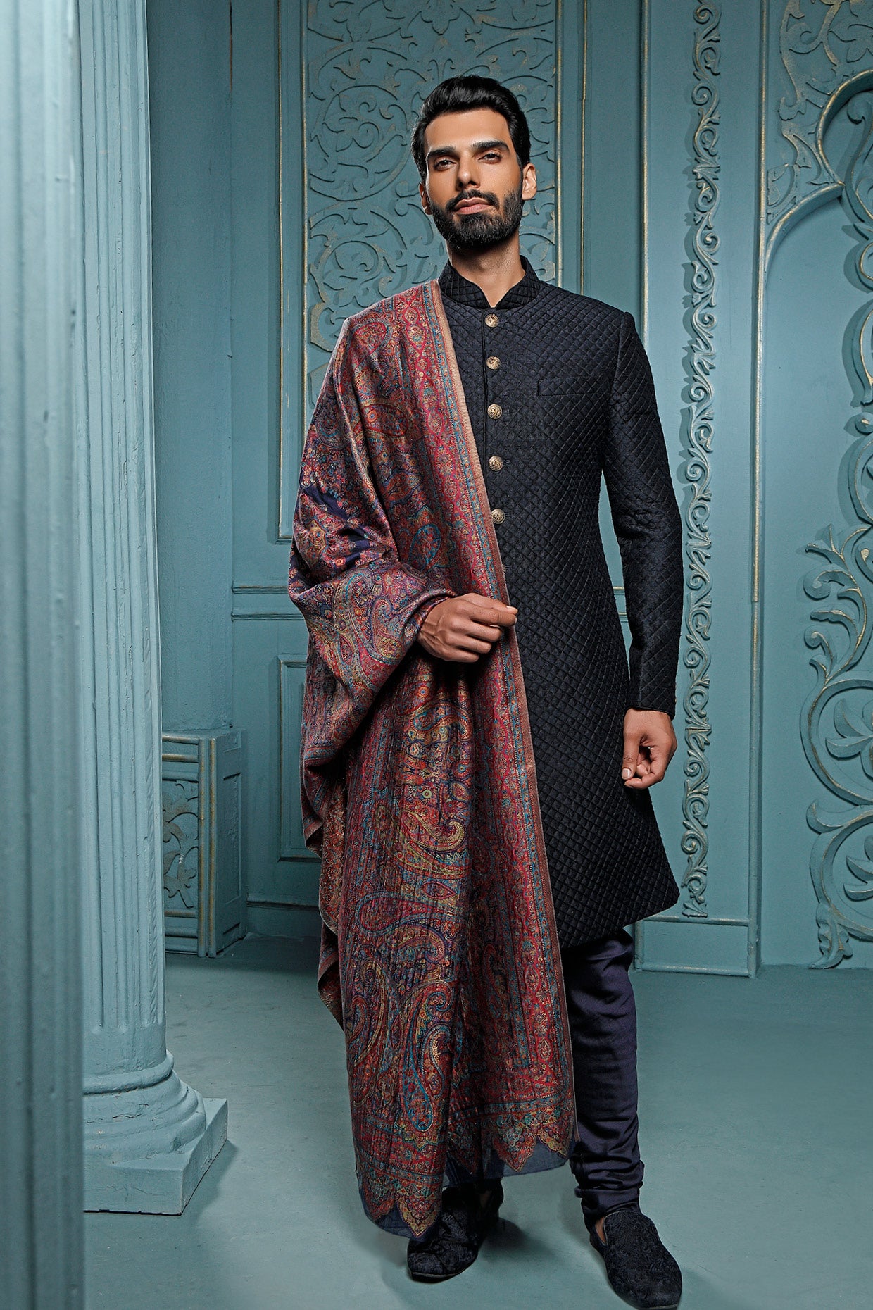 Dark Blue Pashmina Sherwani Set