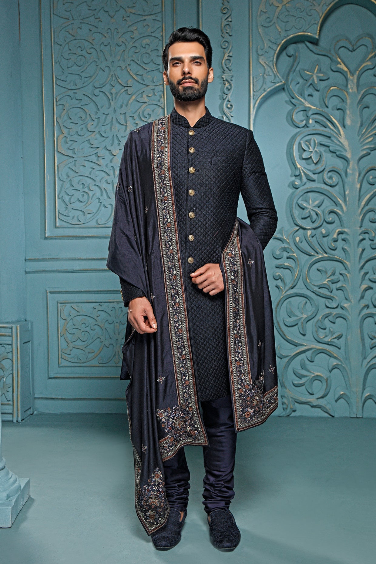 Blue Quilted Sherwani Set