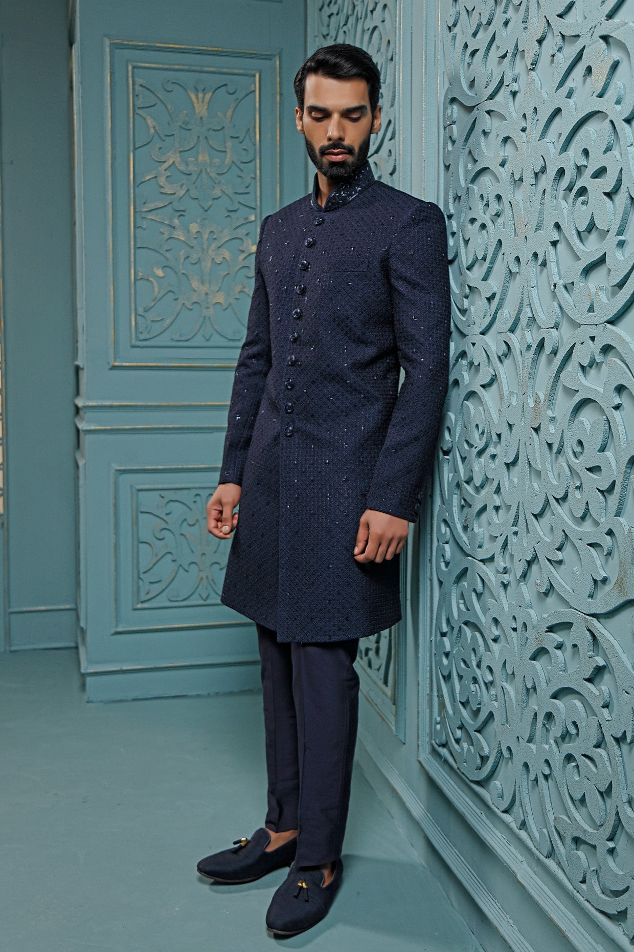 Blue Silk Sherwani Set