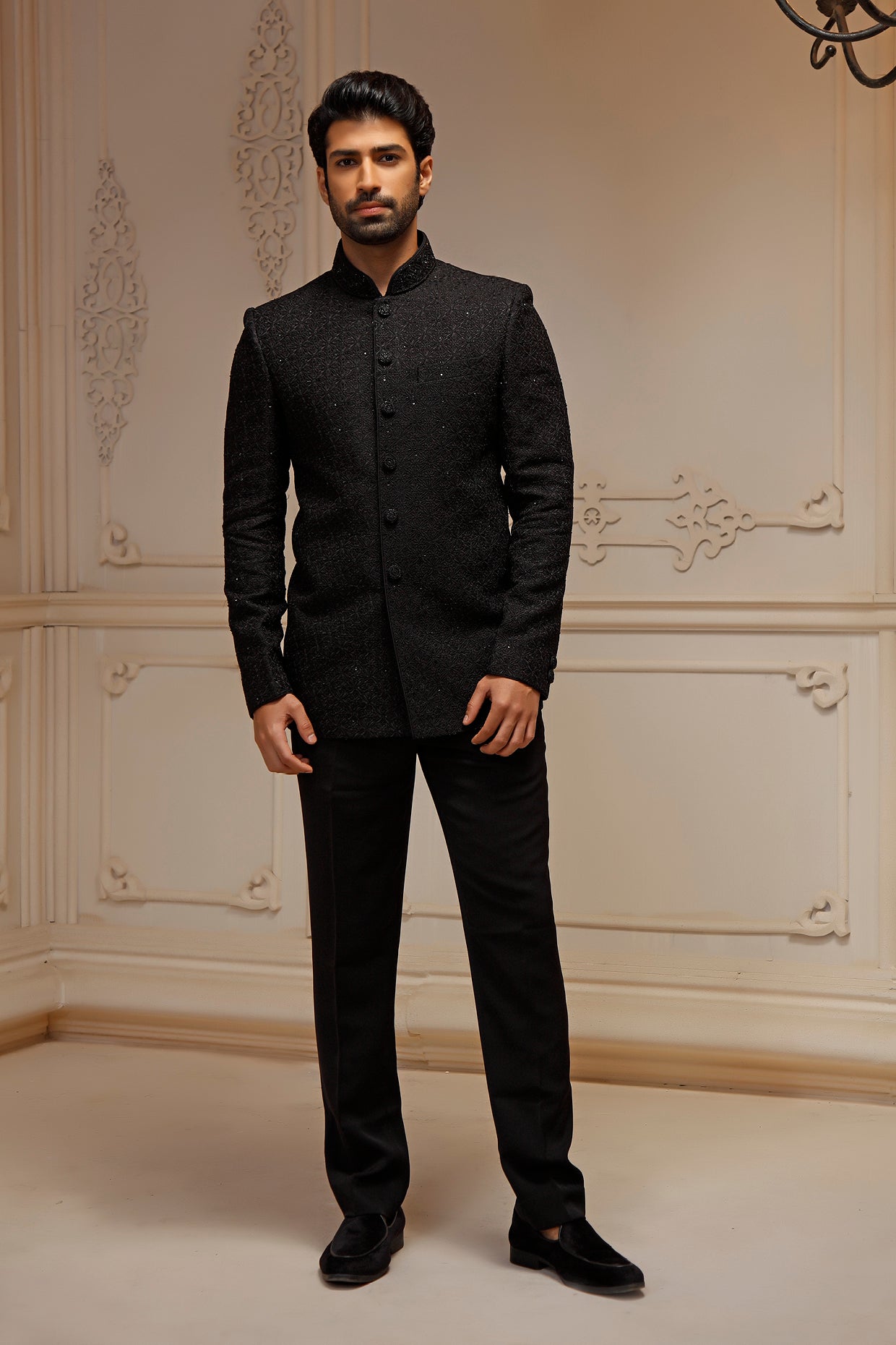 Black Dupion Silk Hand Embroidered Jodhpuri Jacket