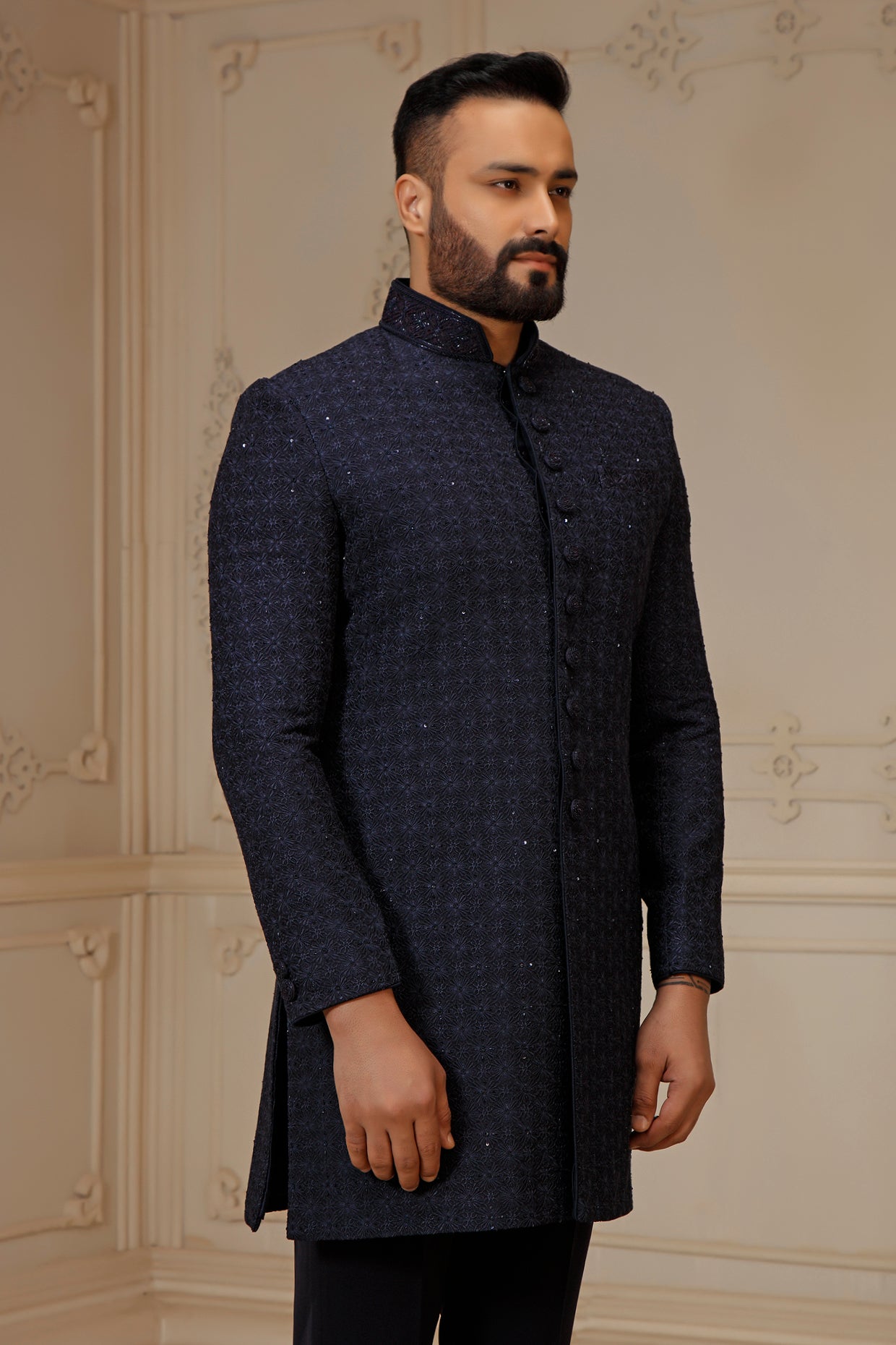 Blue Dupion Silk Hand Embroidered Indowestern Set