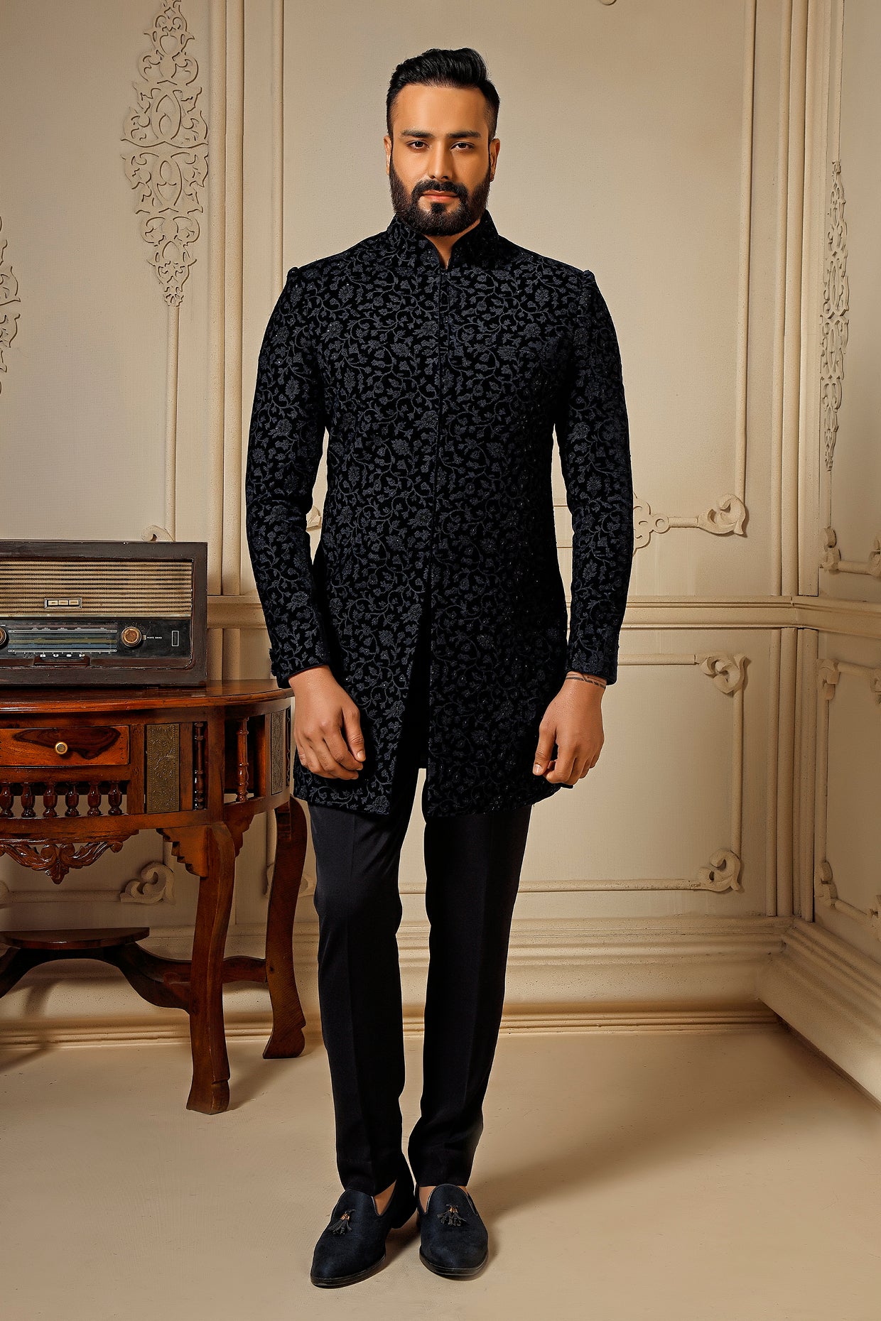 Blue Velvet Embroidered Indowestern Set