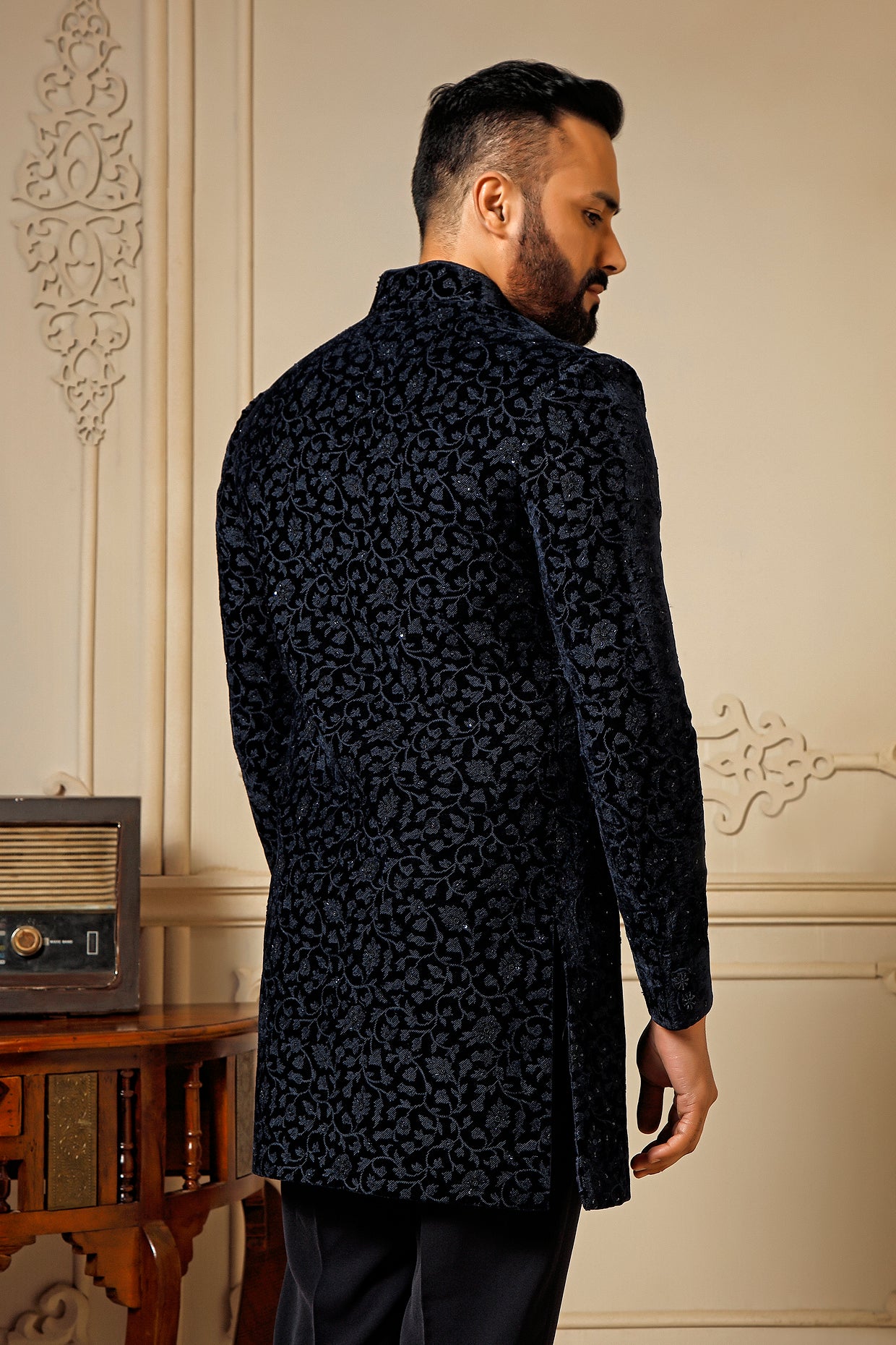 Blue Velvet Embroidered Indowestern Set