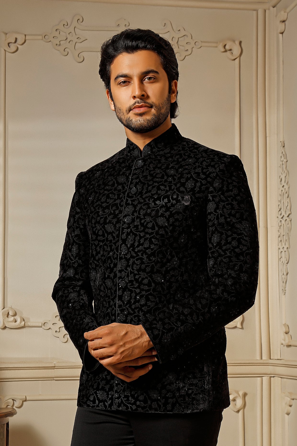 Black Velvet Digital Embroidered Jodhpuri Jacket