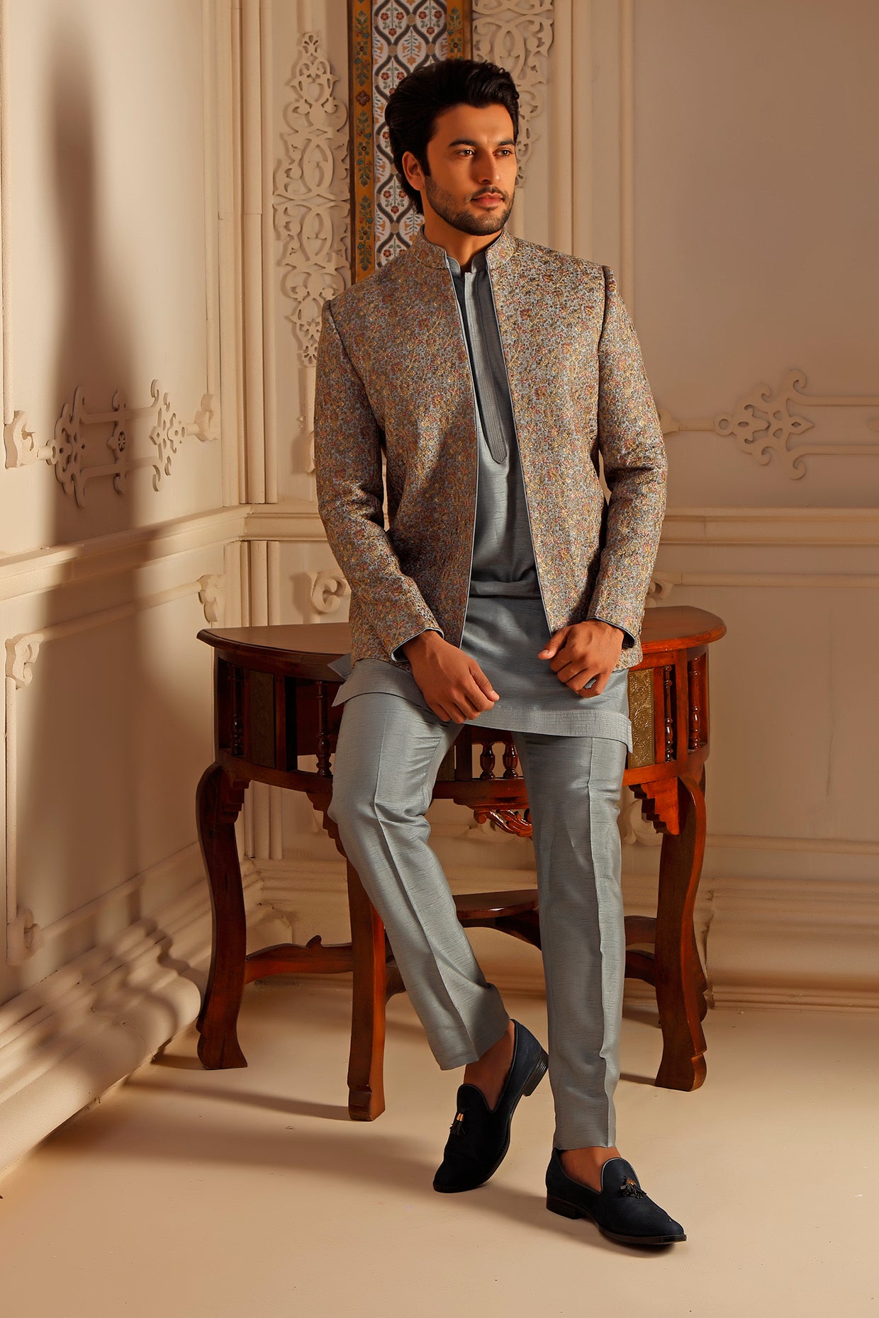 Periwinkle Tussar Silk Floral Embroidered Indowestern Set