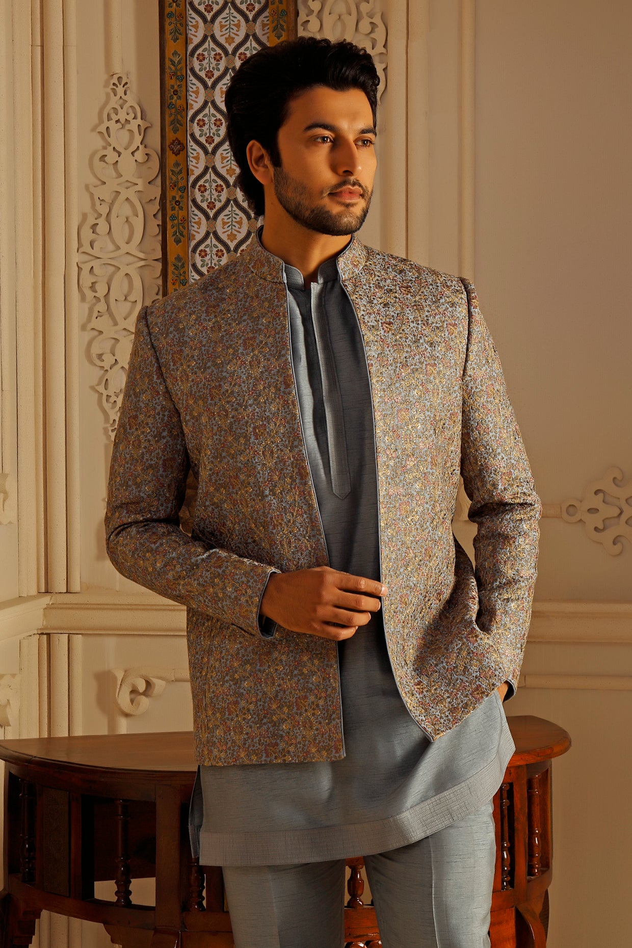 Periwinkle Tussar Silk Floral Embroidered Indowestern Set