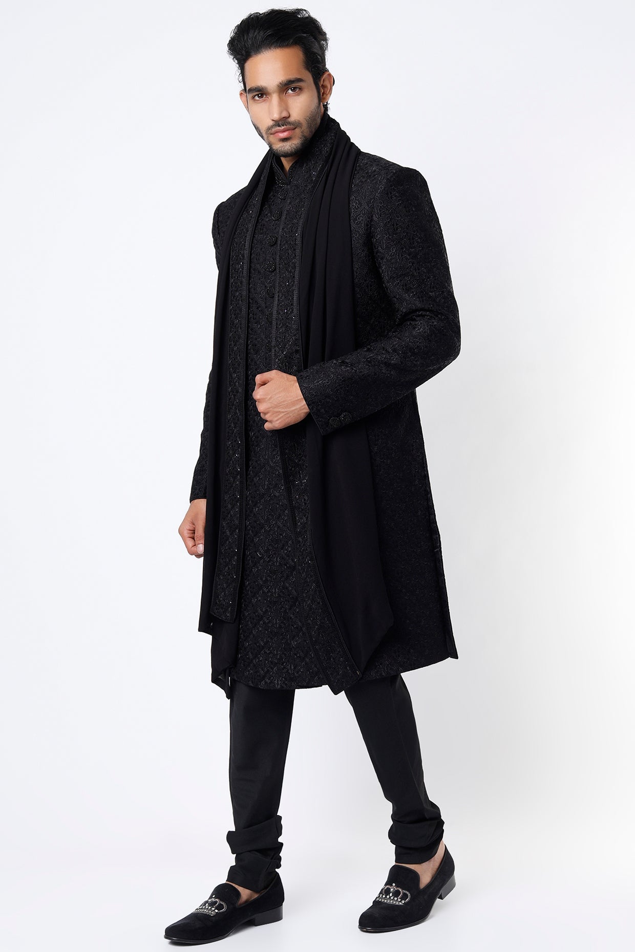 Black Hand Embroidered Sherwani Set