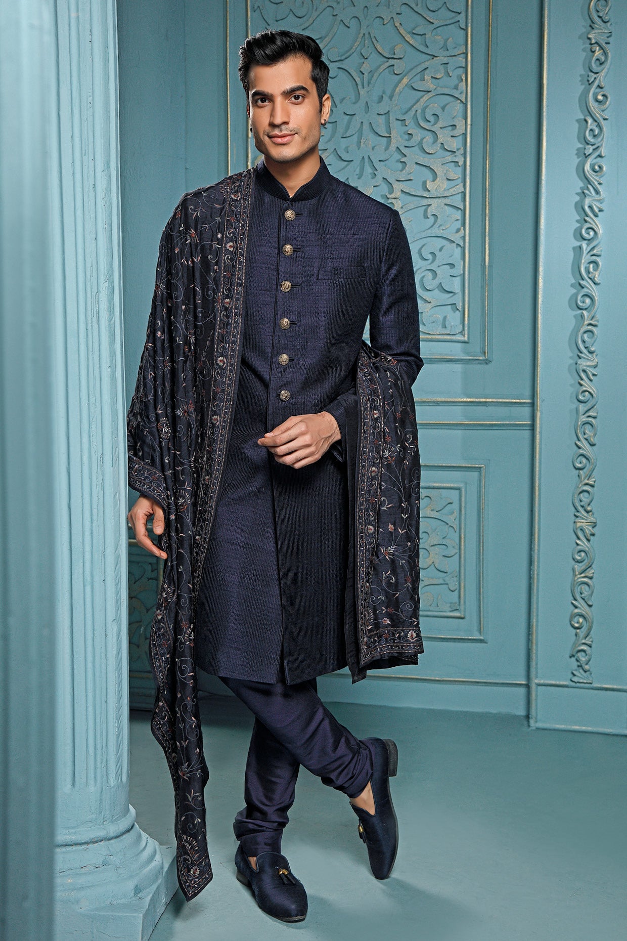 Blue Raw Silk Sherwani Set