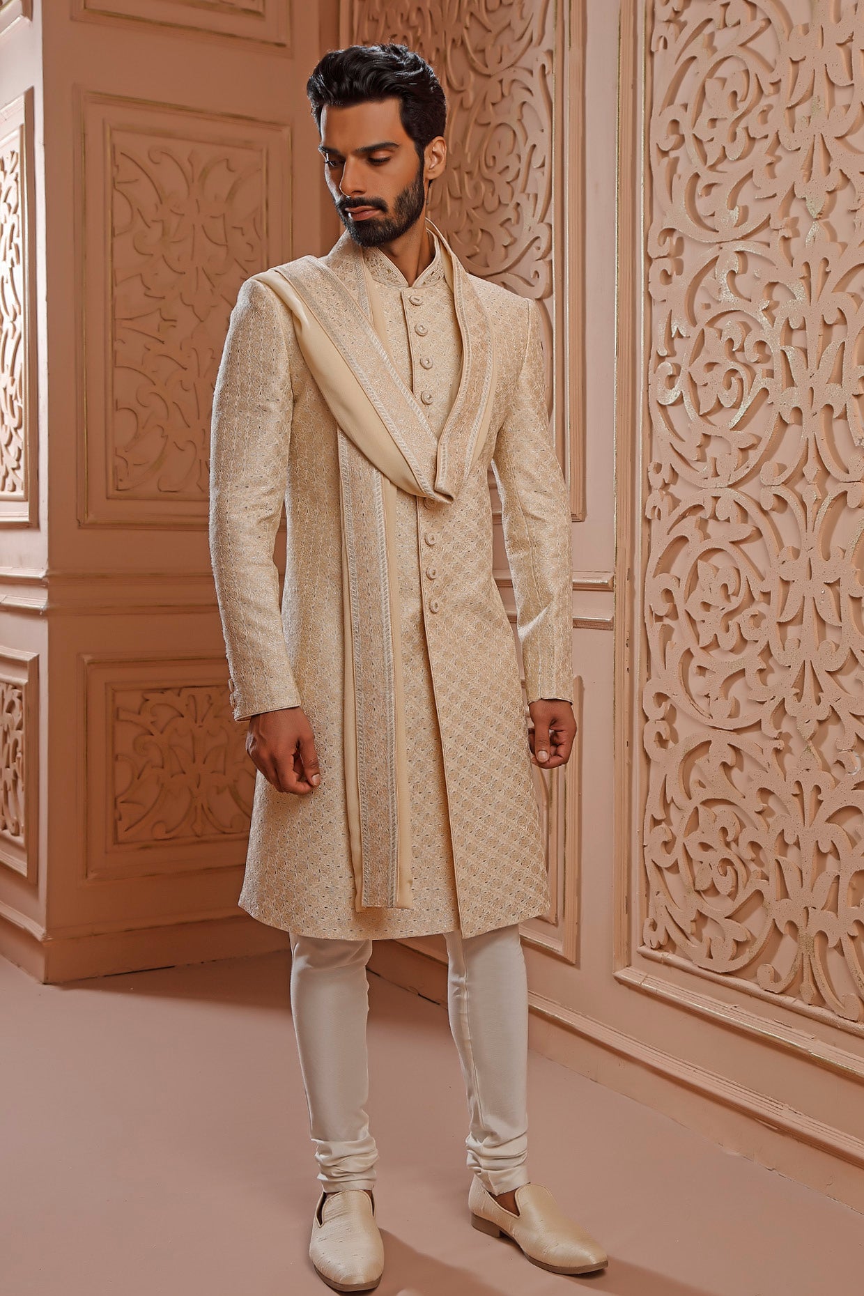 Beige Chanderi Sherwani Set