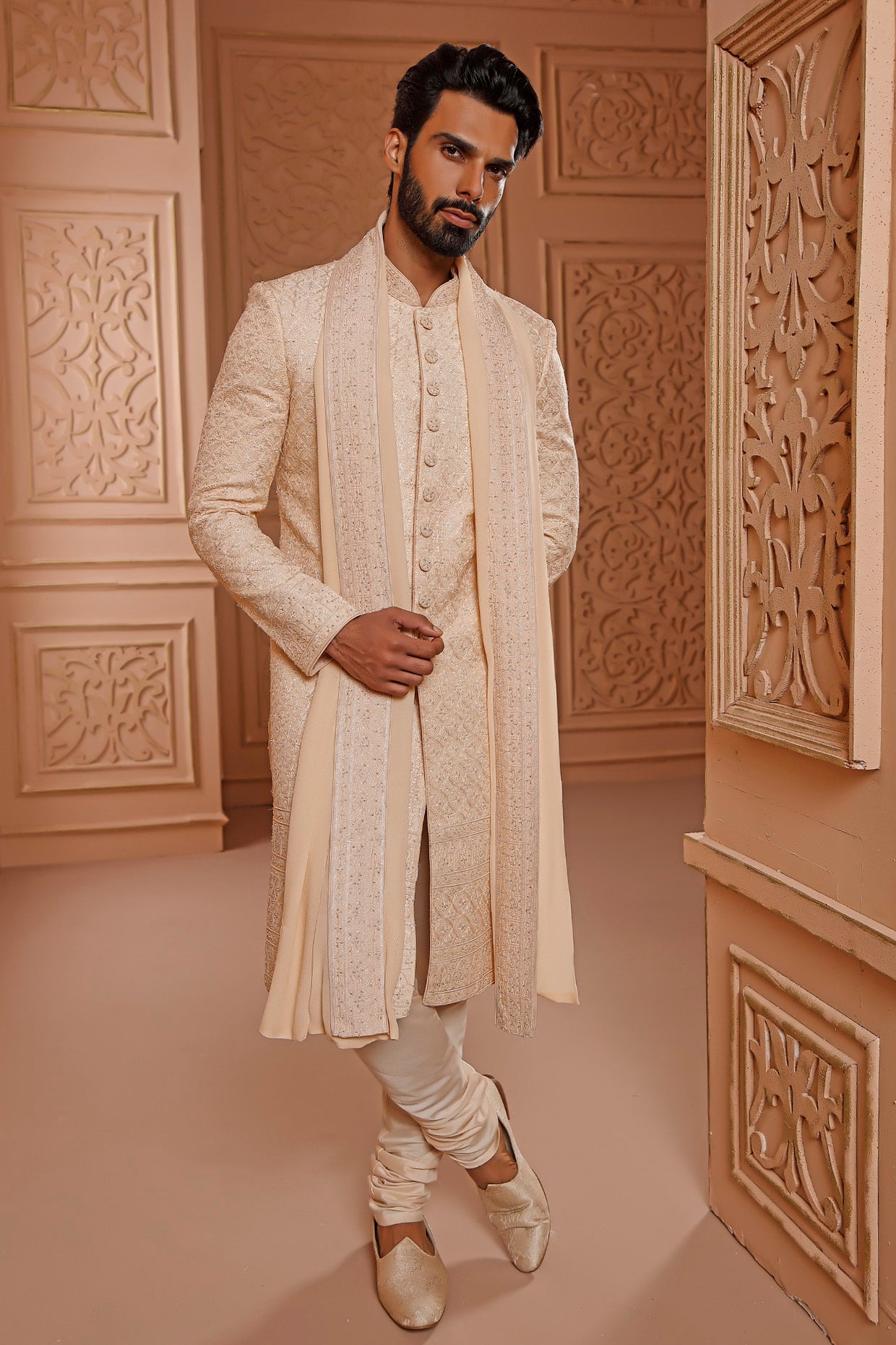 Cream Silk Sherwani Set