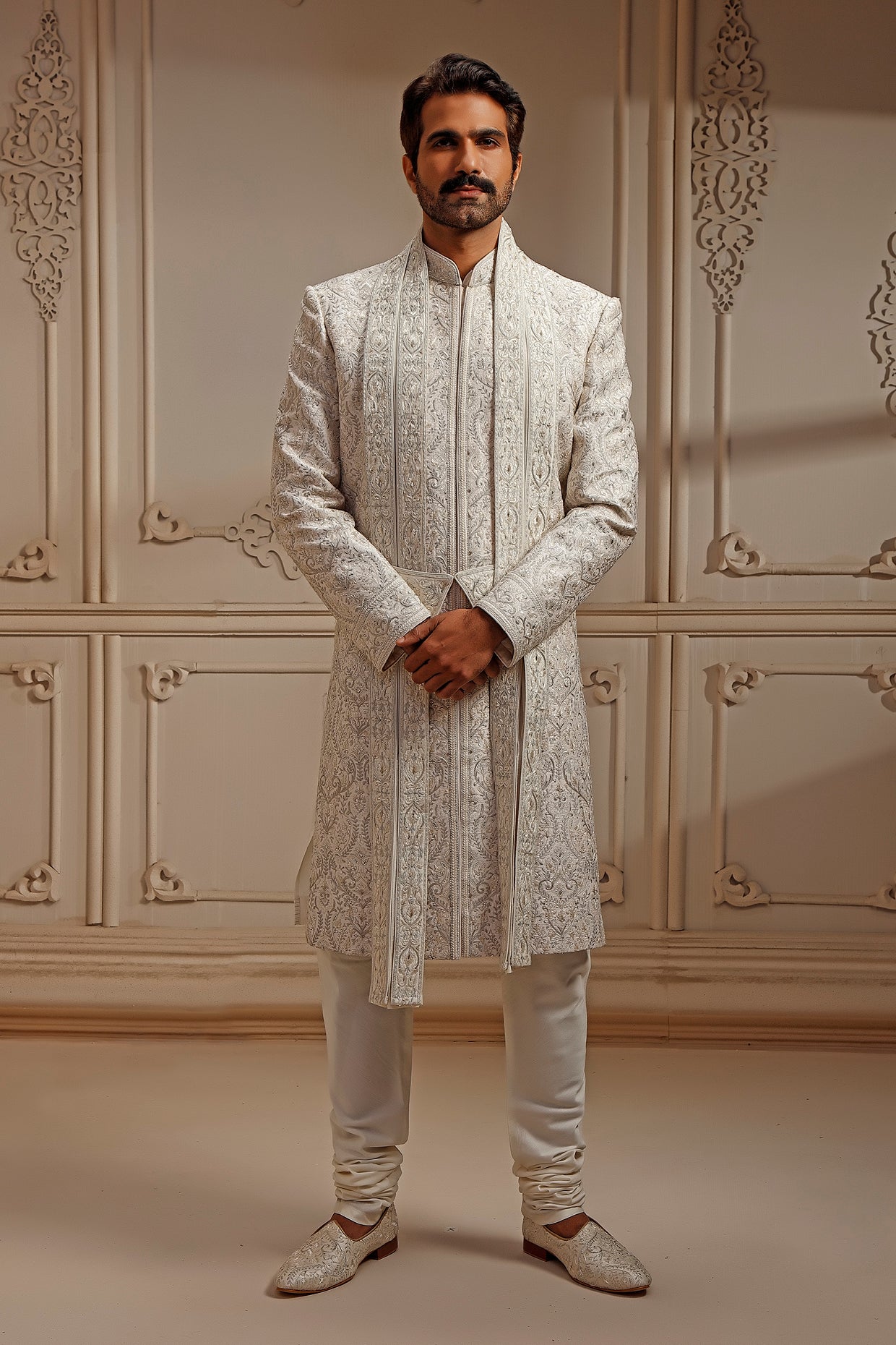 Pearl Raw Silk Sherwani Set