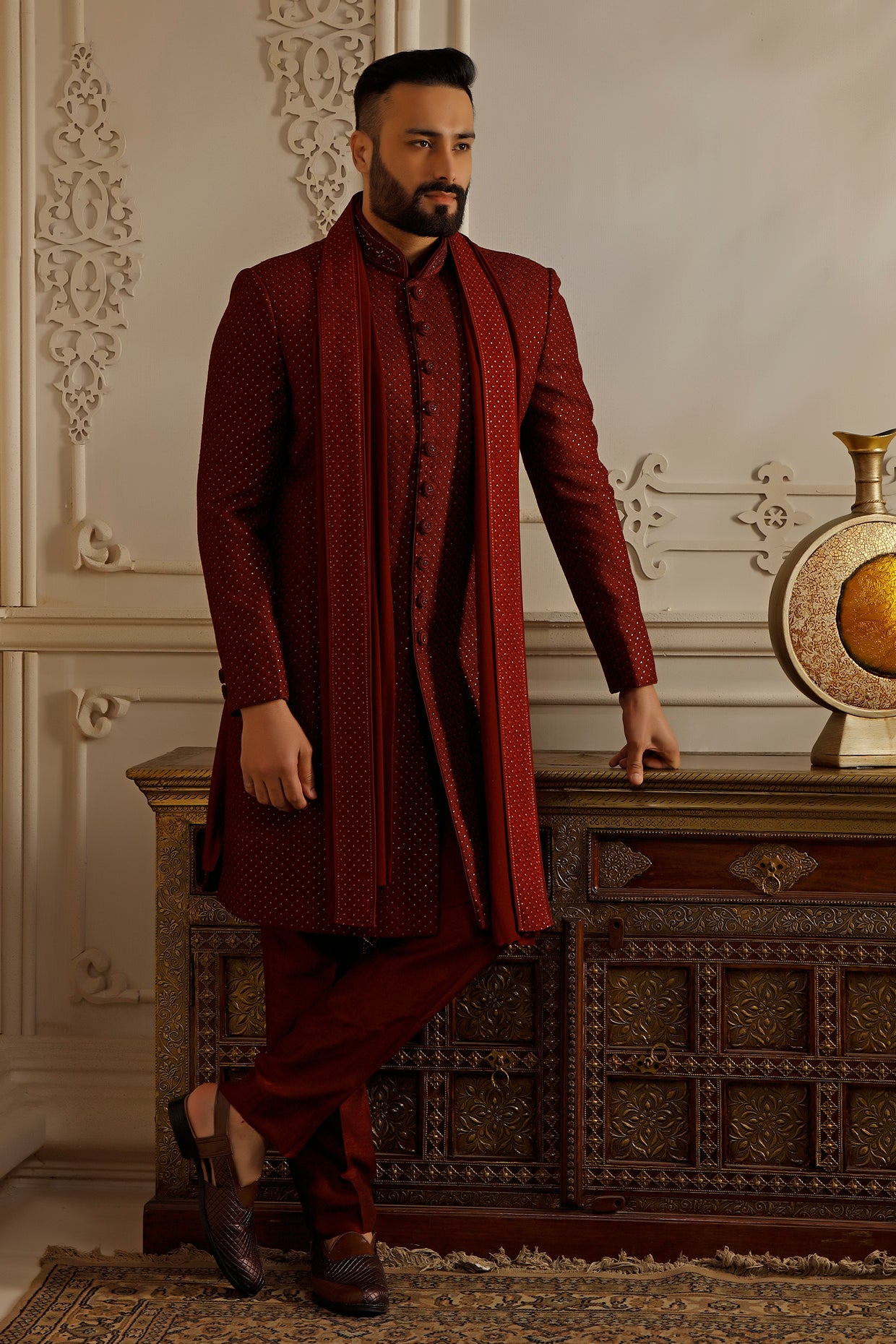 Maroon Soft Silk Resham Embroidered Sherwani Set