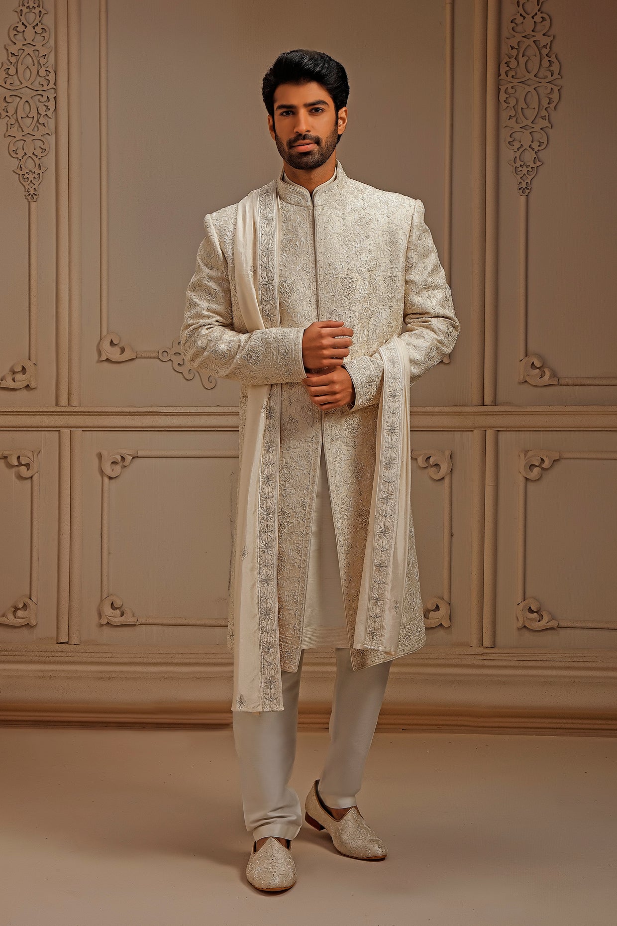 Pearl Raw Silk Sherwani Set