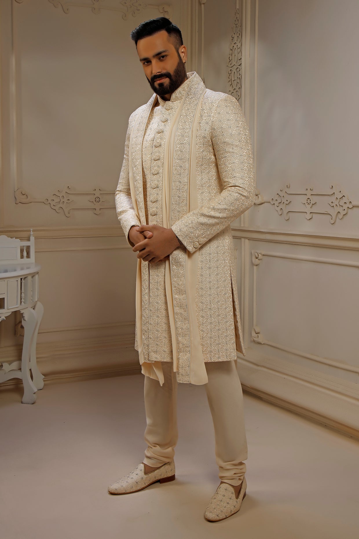 Pearl Dupion Silk Digital Embroidered Sherwani Set