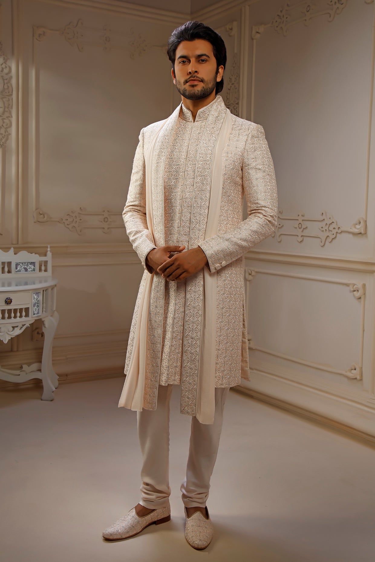 Blush Pink Dupion Silk Digital Embroidered Sherwani Set
