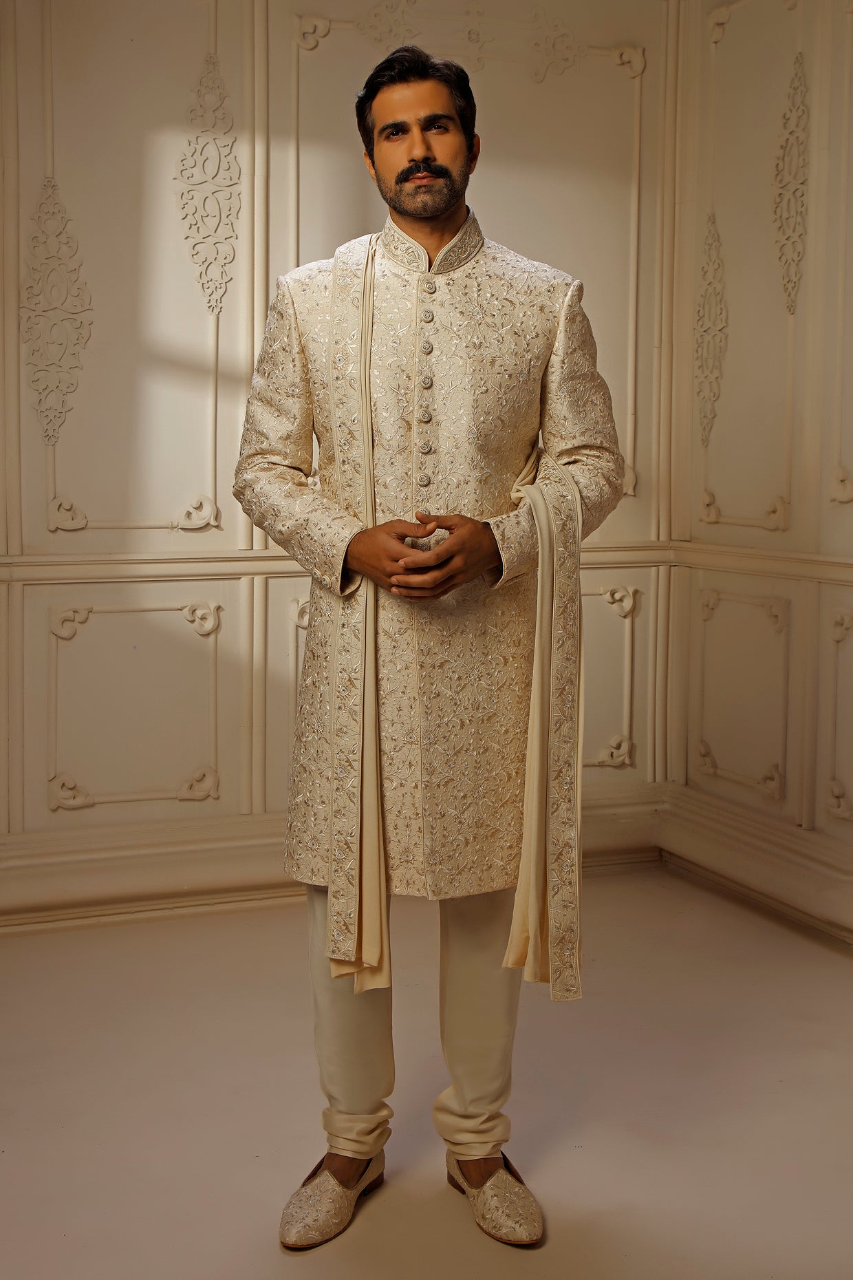 Beige Dupion Silk Digital Embroidered Sherwani Set