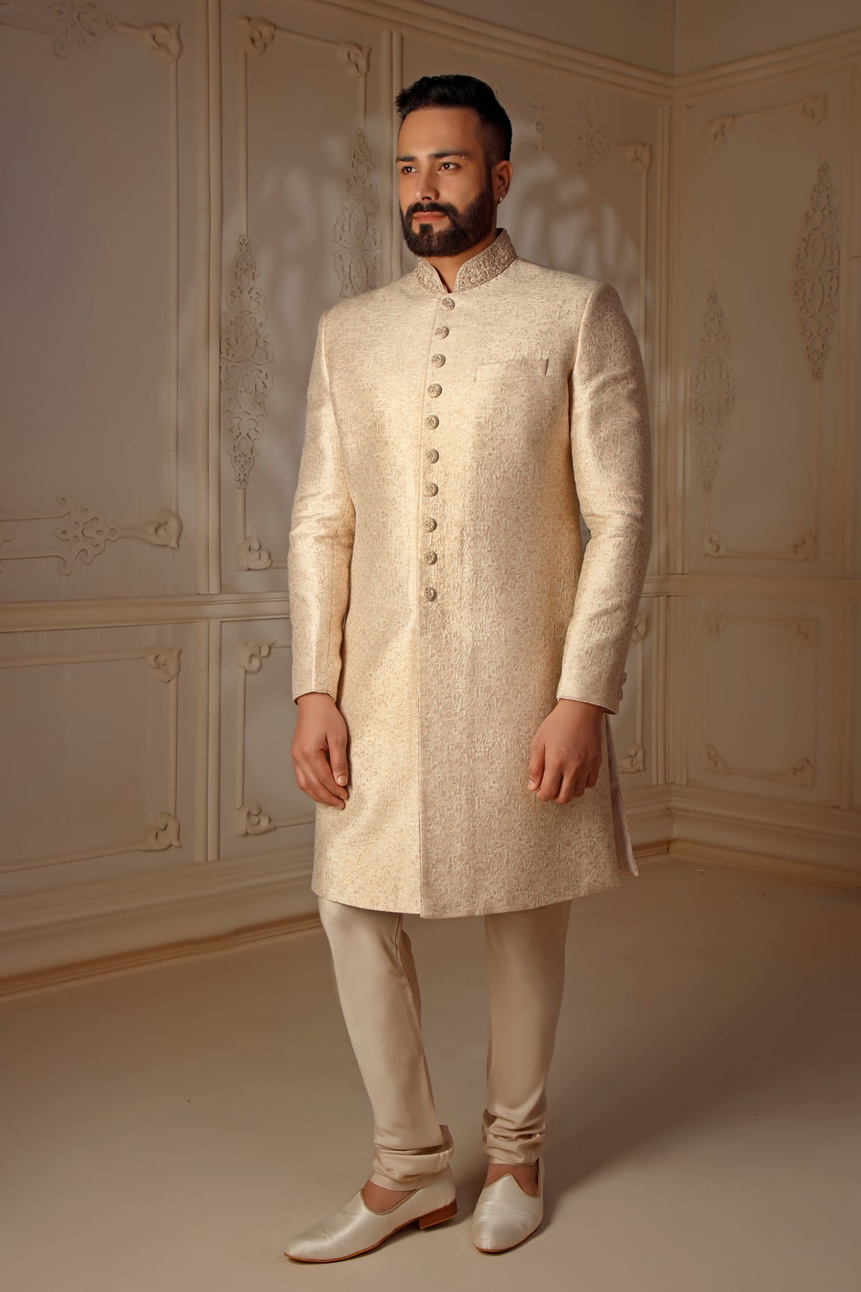 Cream Pashmina Sherwani Set