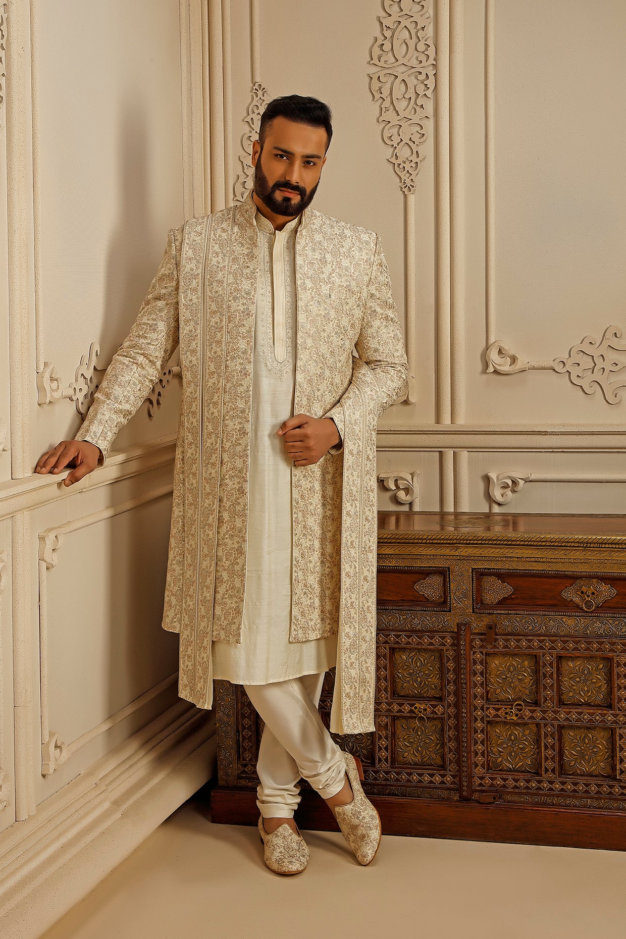Pearl Tussar Silk Floral Embroidered Indowestern Set