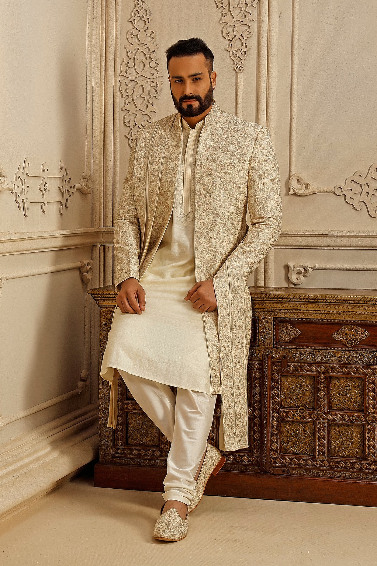 Pearl Tussar Silk Floral Embroidered Indowestern Set