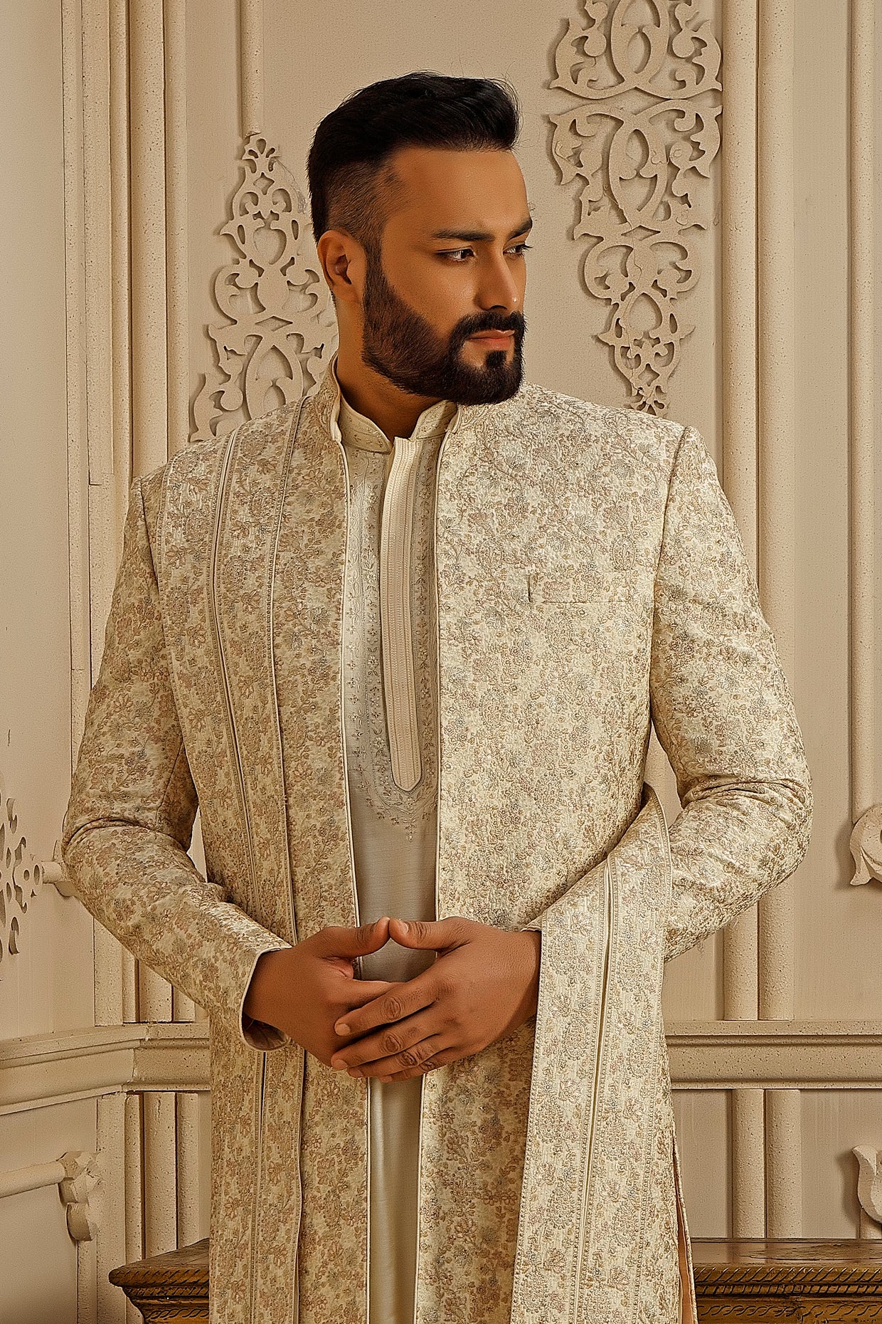 Pearl Tussar Silk Floral Embroidered Indowestern Set
