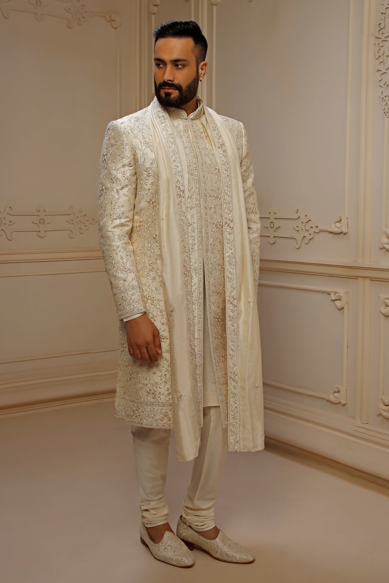 Pearl Dupion Silk Floral Embroidered Sherwani Set