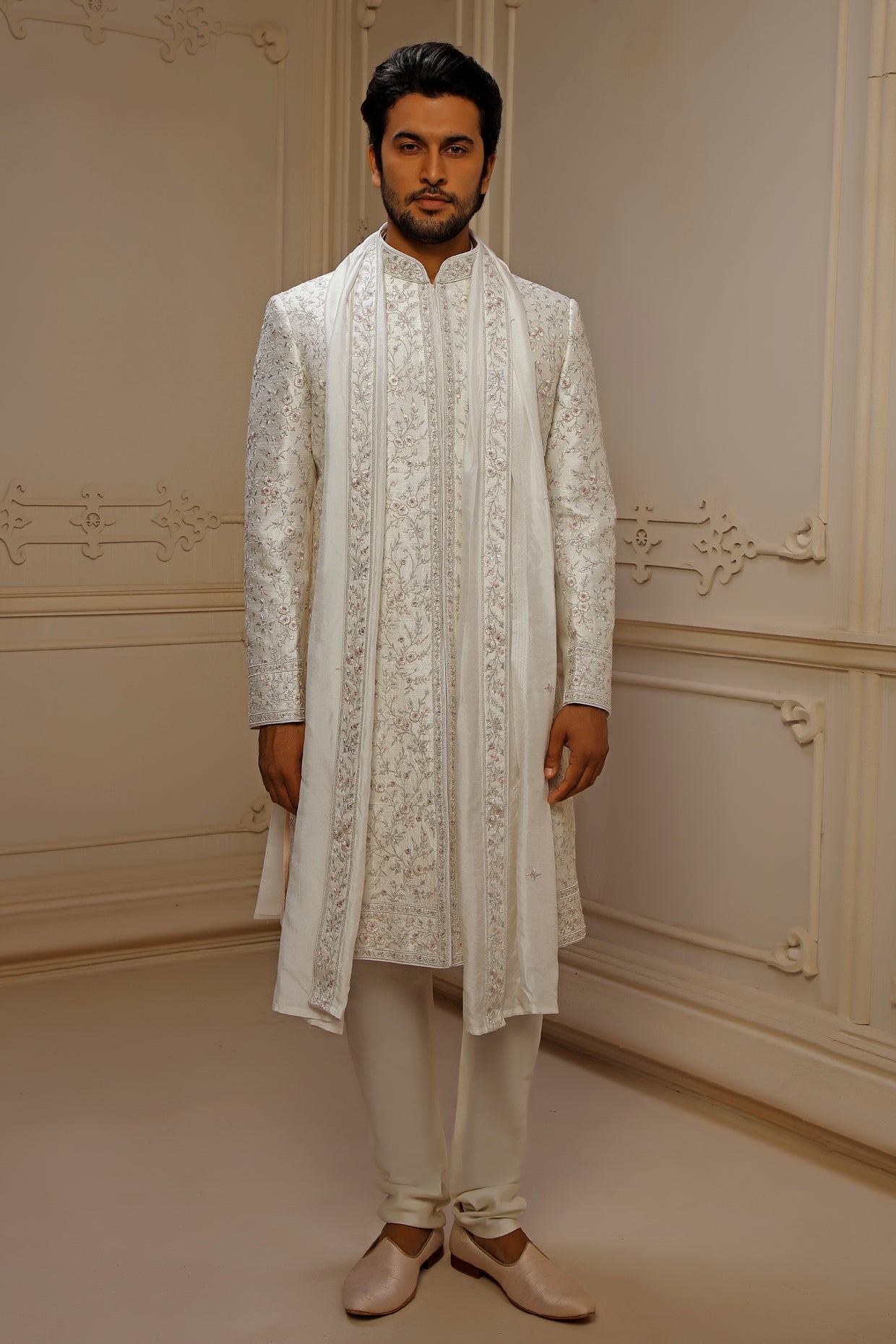 Ivory Dupion Silk Floral Embroidered Sherwani Set
