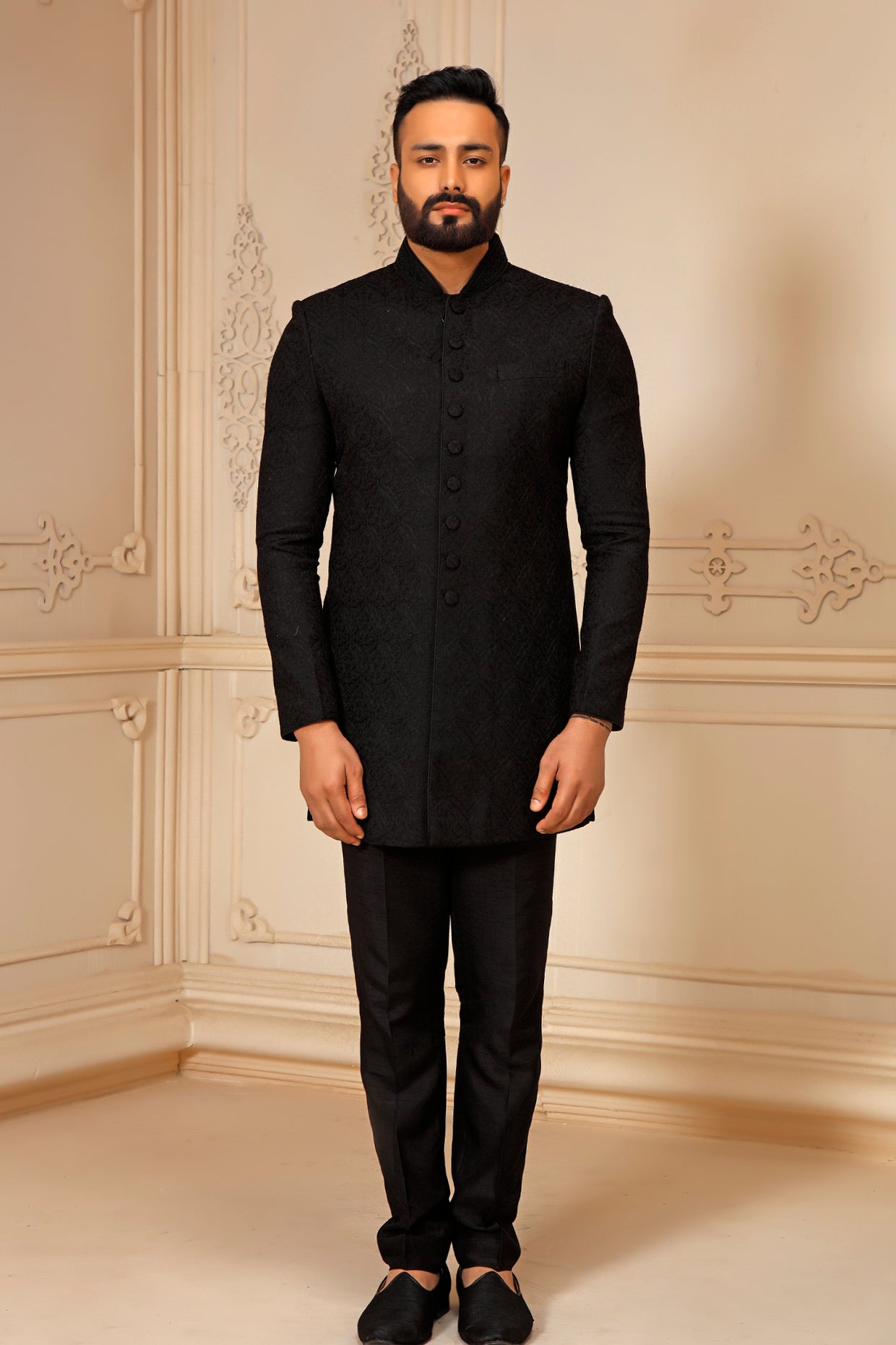 Black Pashmina Blend Embroidered Bandhgala Set
