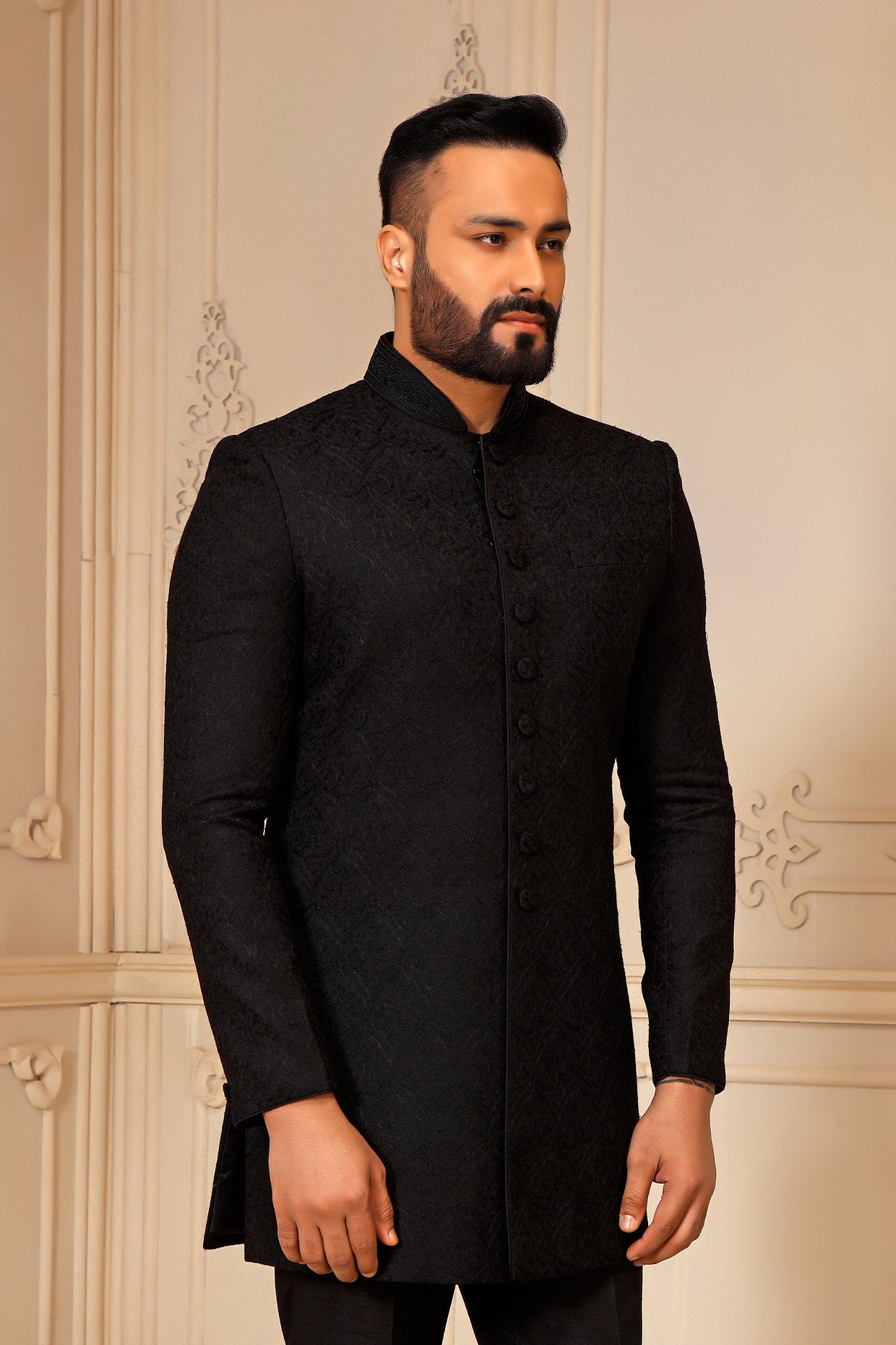 Black Pashmina Blend Embroidered Bandhgala Set