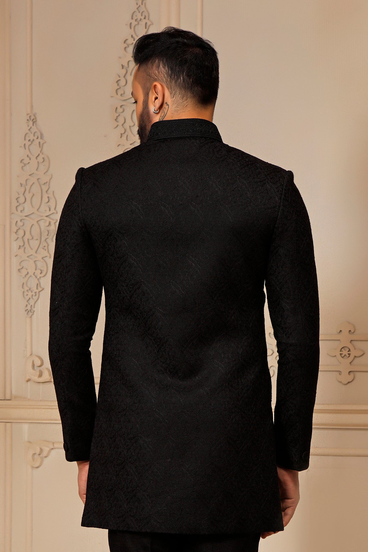Black Pashmina Blend Embroidered Bandhgala Set