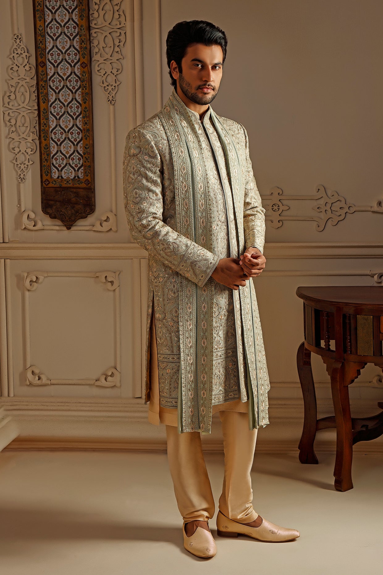 Mint Raw Silk Resham Embroidered Sherwani Set