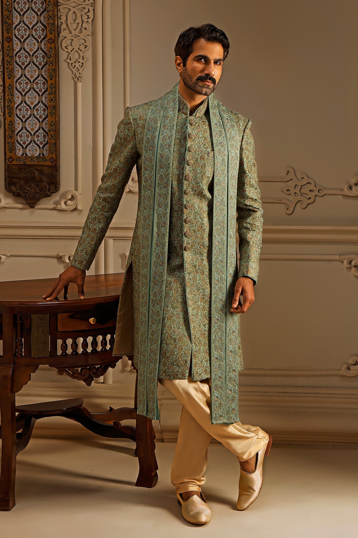 Mint Tussar Silk Floral Embroidered Sherwani Set