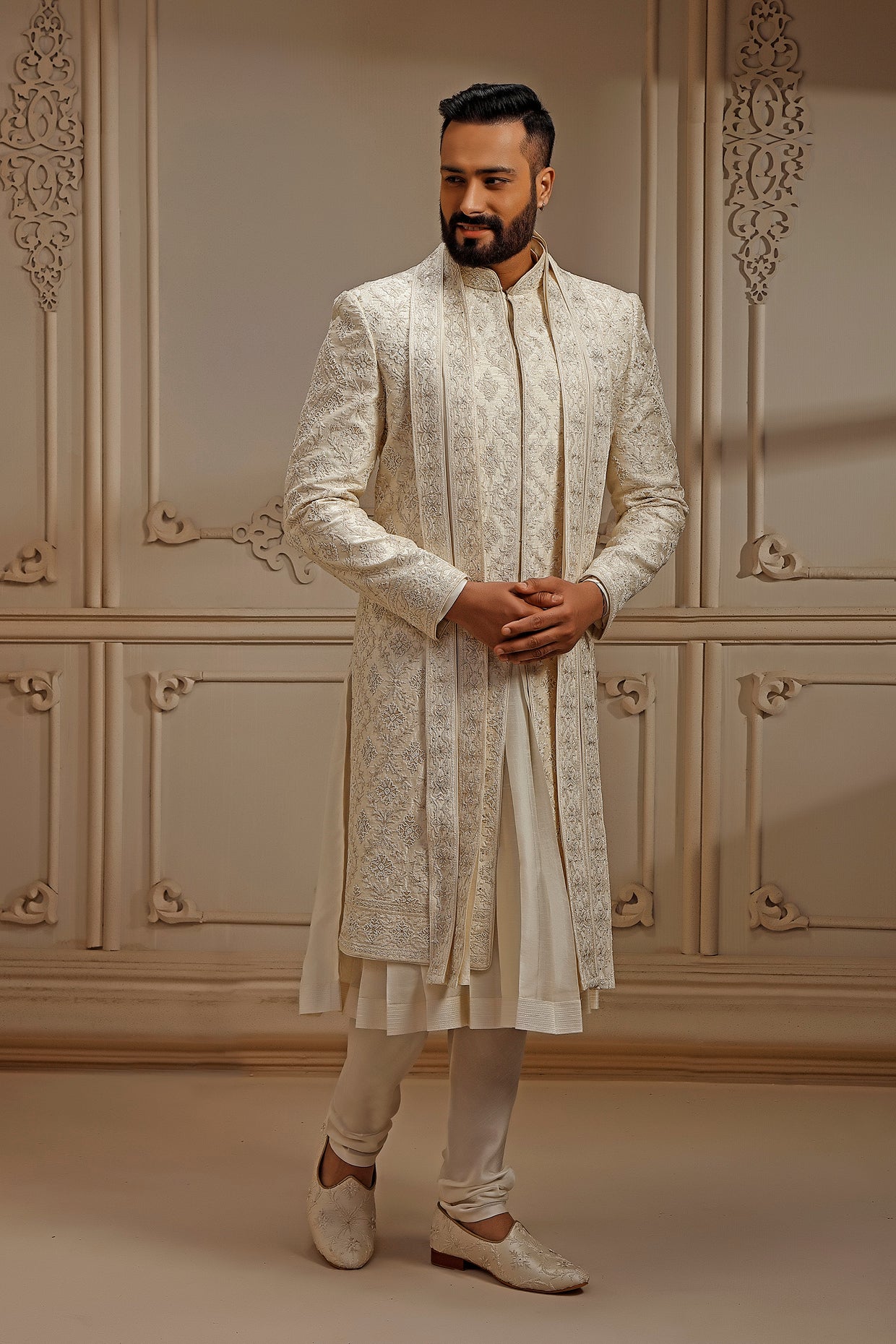 Pearl Raw Silk Resham Embroidered Sherwani Set